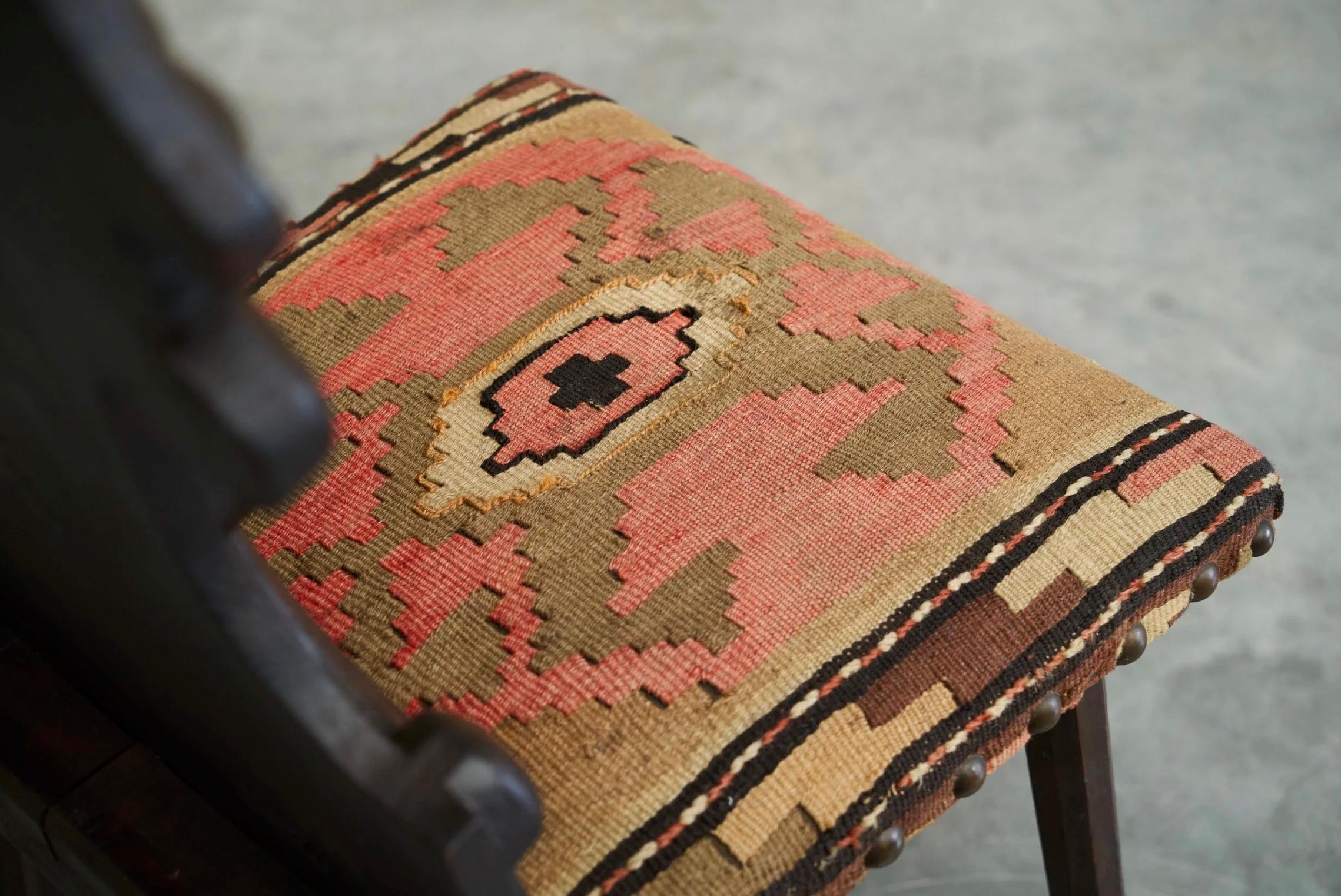 Antique Sgabello Style Chair in Carved Wood and Kelim Upholstery For Sale 9