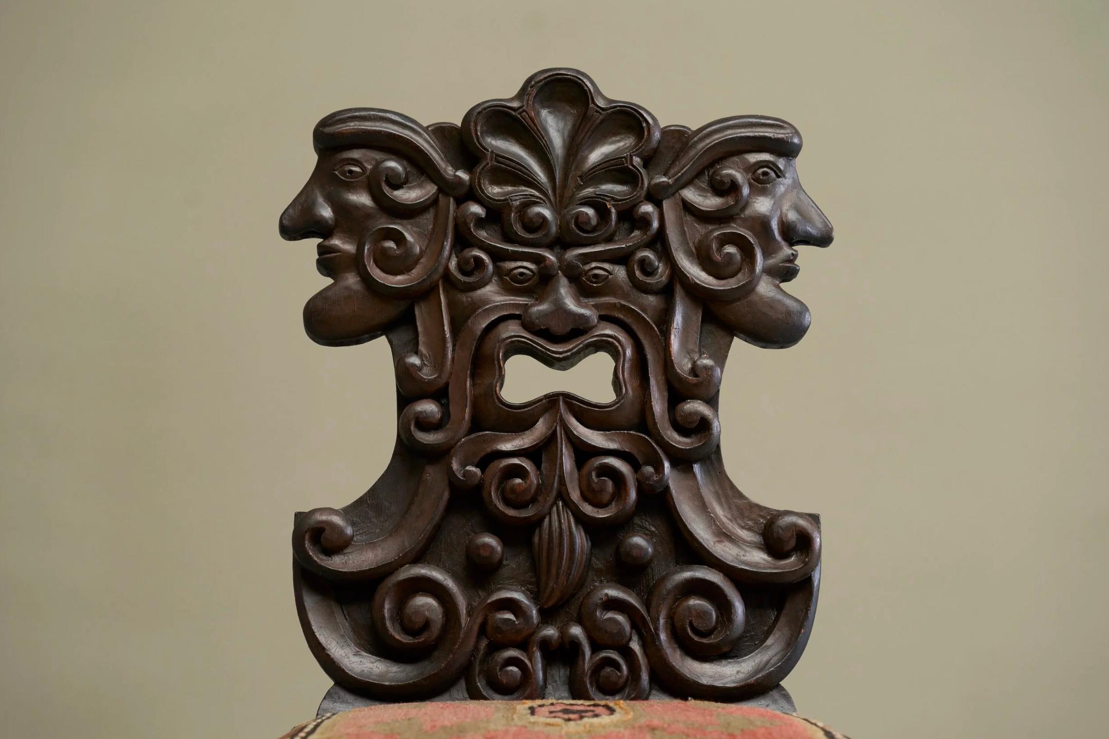 European Antique Sgabello Style Chair in Carved Wood and Kelim Upholstery For Sale