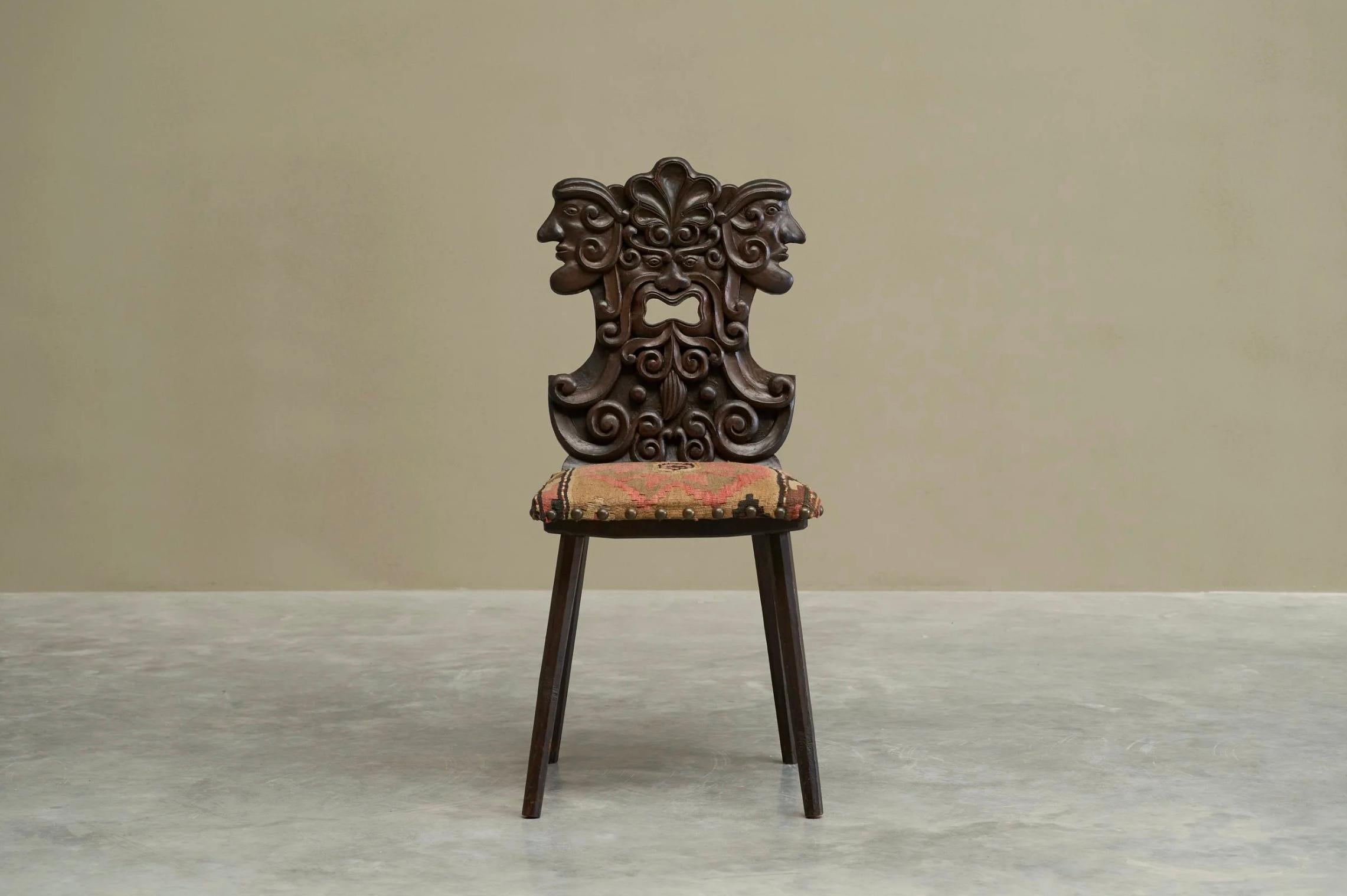 Hand-Carved Antique Sgabello Style Chair in Carved Wood and Kelim Upholstery For Sale