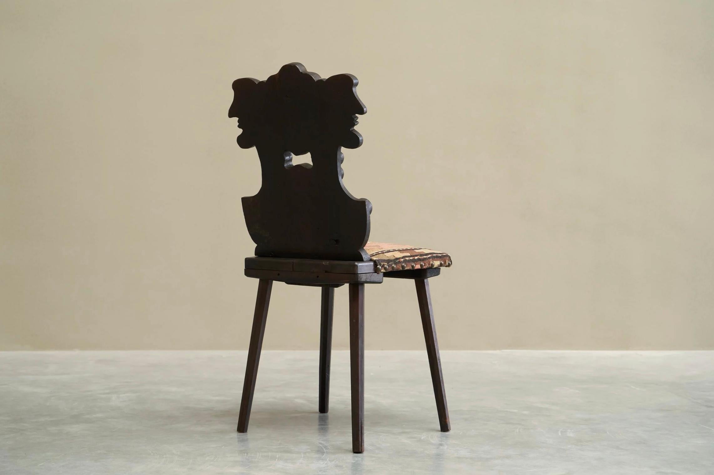 Antique Sgabello Style Chair in Carved Wood and Kelim Upholstery For Sale 3