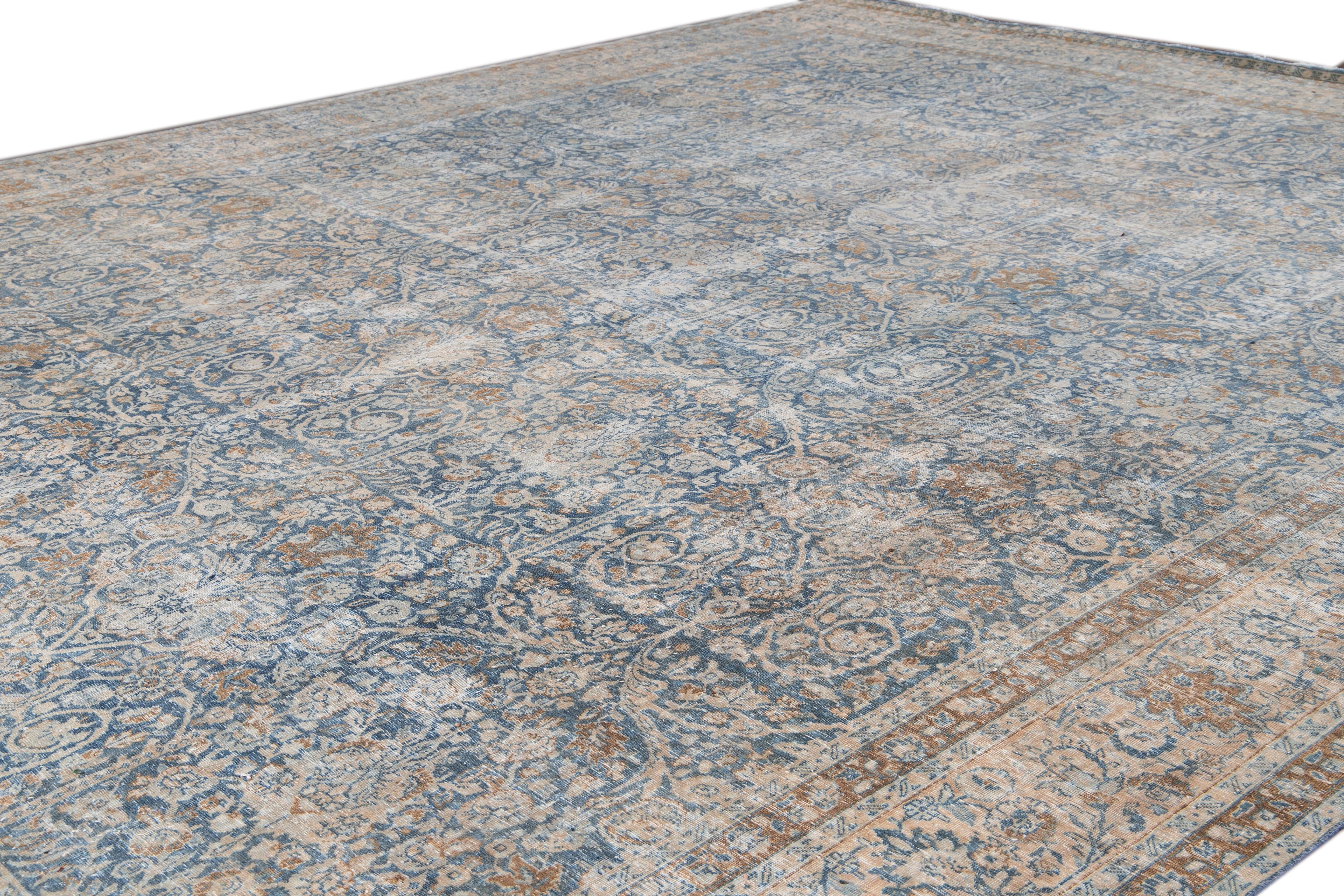Hand-Knotted Antique Shabby Chic Blue Tabriz Handmade Oversize Wool Rug For Sale
