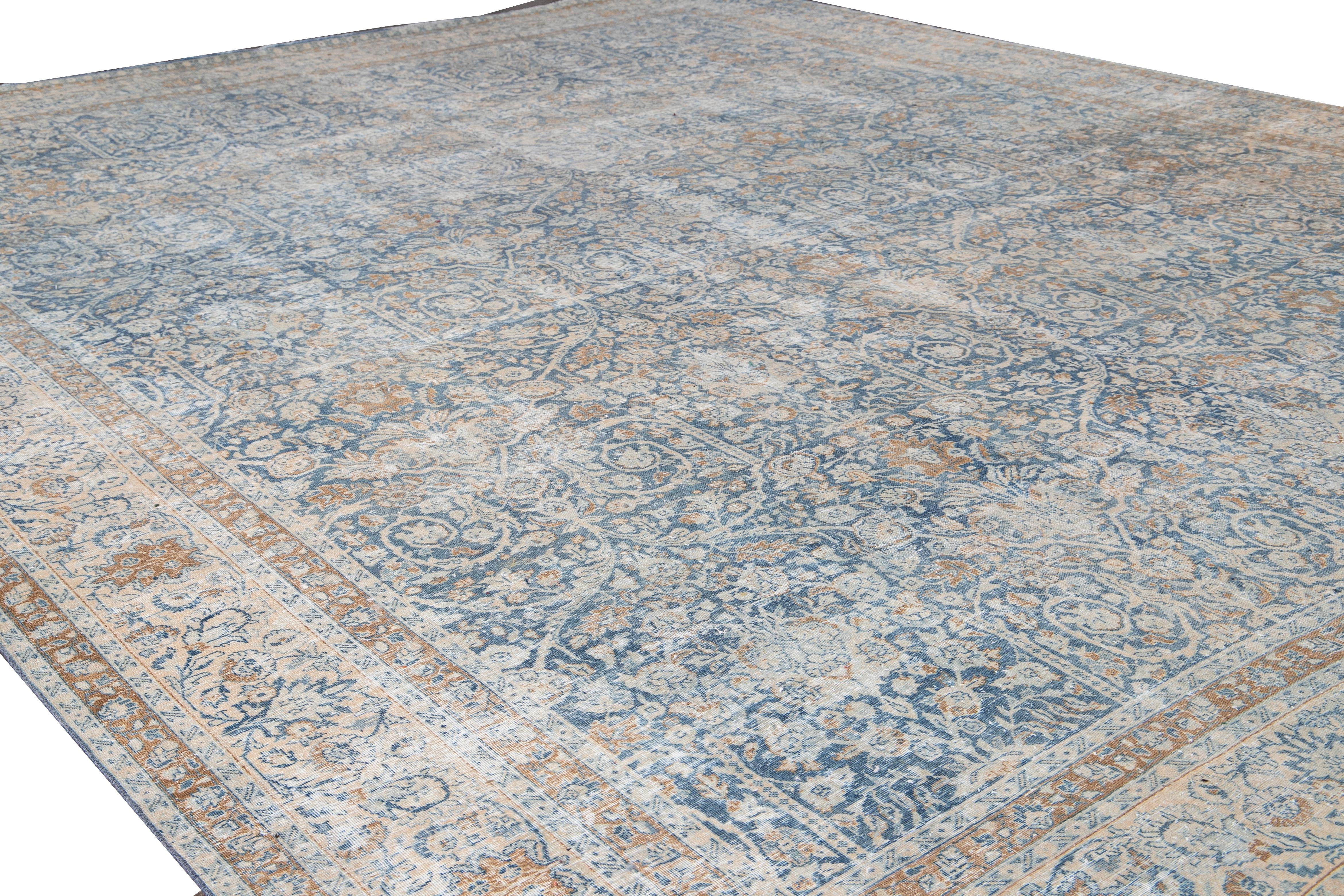 Early 20th Century Antique Shabby Chic Blue Tabriz Handmade Oversize Wool Rug For Sale