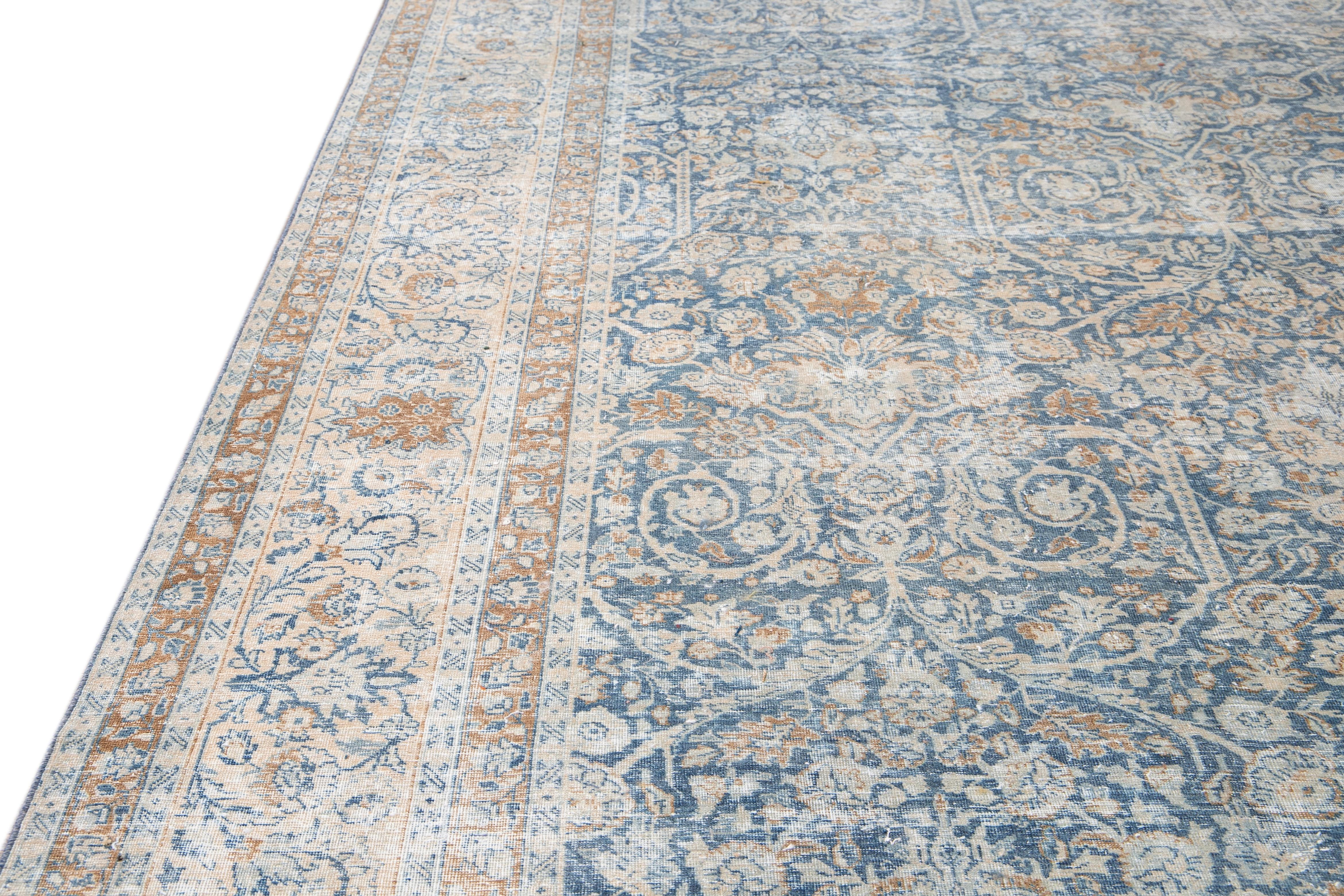 Antique Shabby Chic Blue Tabriz Handmade Oversize Wool Rug For Sale 2