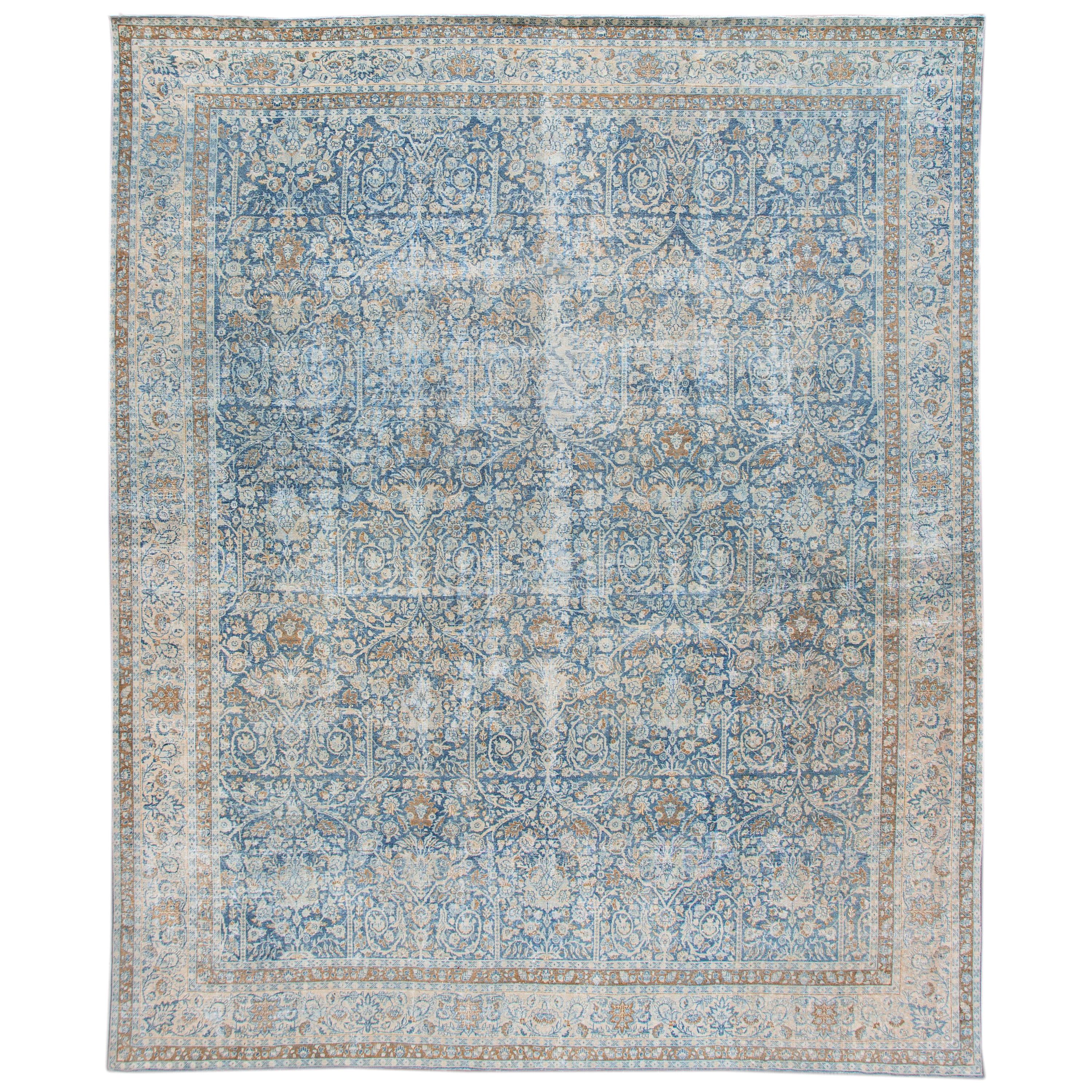 Antique Shabby Chic Blue Tabriz Handmade Oversize Wool Rug For Sale