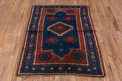 Antique Shabby Chic Caucasian Kazak Rug, Blue & Red Field