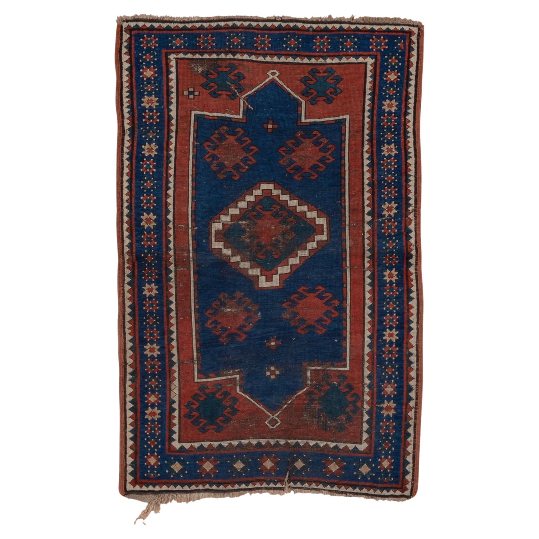 Antique Shabby Chic Caucasian Kazak Rug, Blue & Red Field