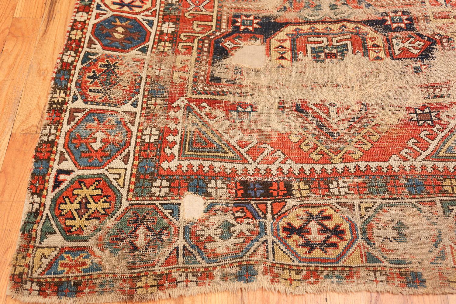 Antique Shabby Chic Caucasian Kazak Rug. Size: 4 ft 10 in x 9 ft 6 in In Distressed Condition In New York, NY