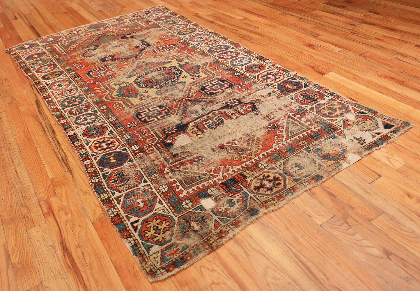 Late 19th Century Antique Shabby Chic Caucasian Kazak Rug. Size: 4 ft 10 in x 9 ft 6 in