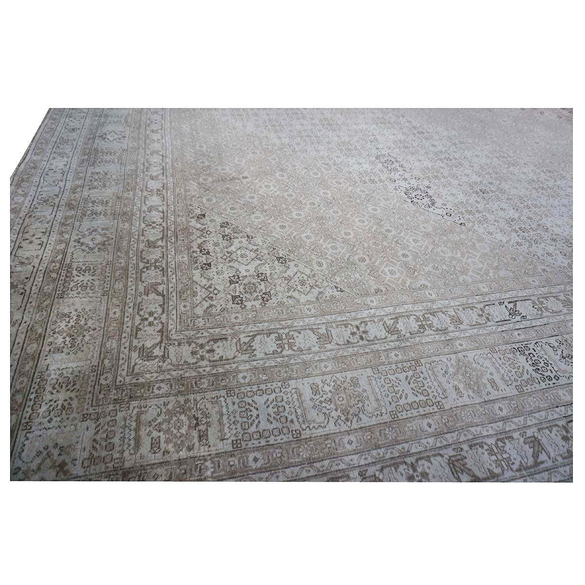 Hand-Woven Antique Shabby Chic Distressed Persian Tabriz 13x18 Ivory & Tan Handmade Rug For Sale