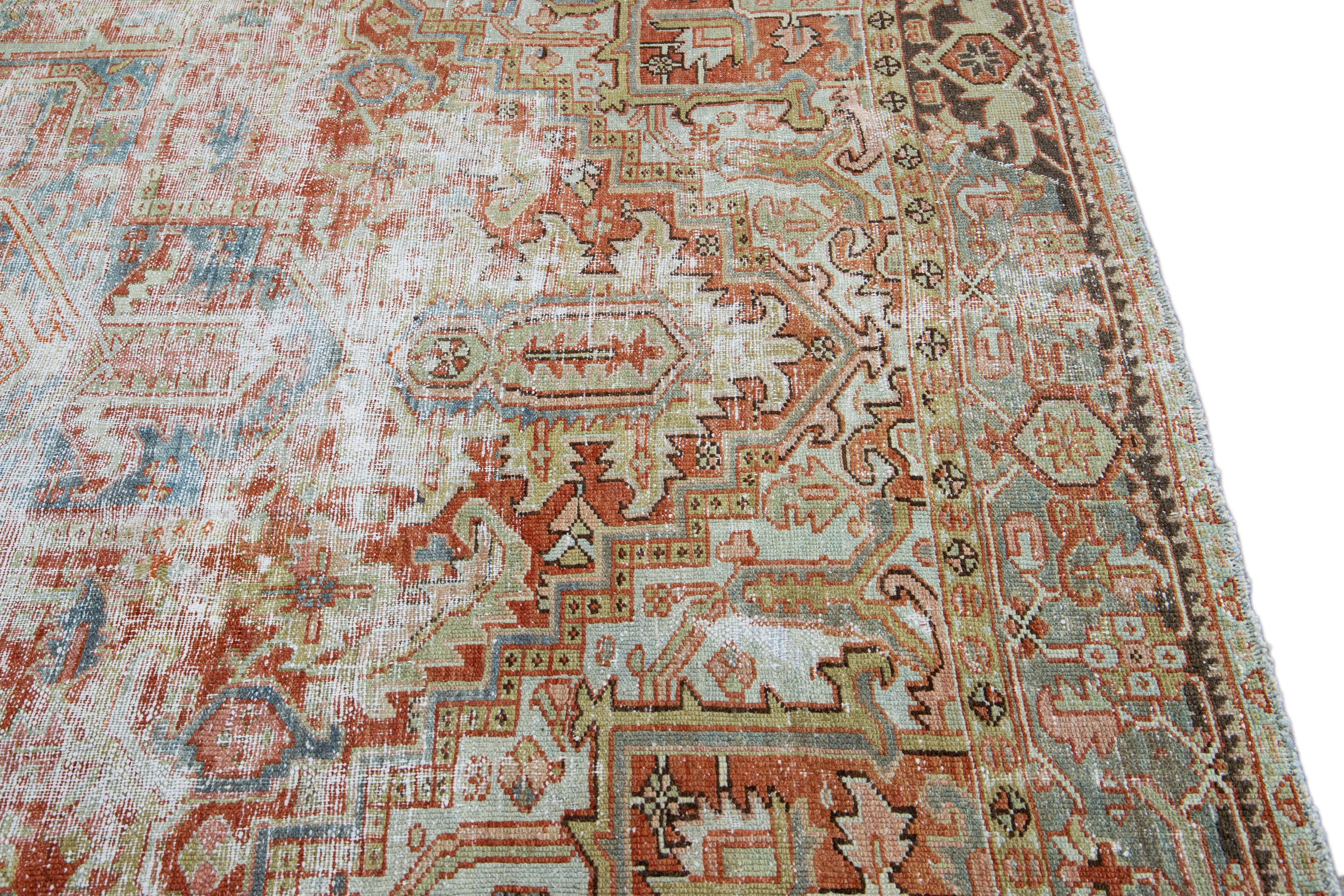 Antique Shabby Chic Persian Heriz Handmade Rusted Wool Rug For Sale 5