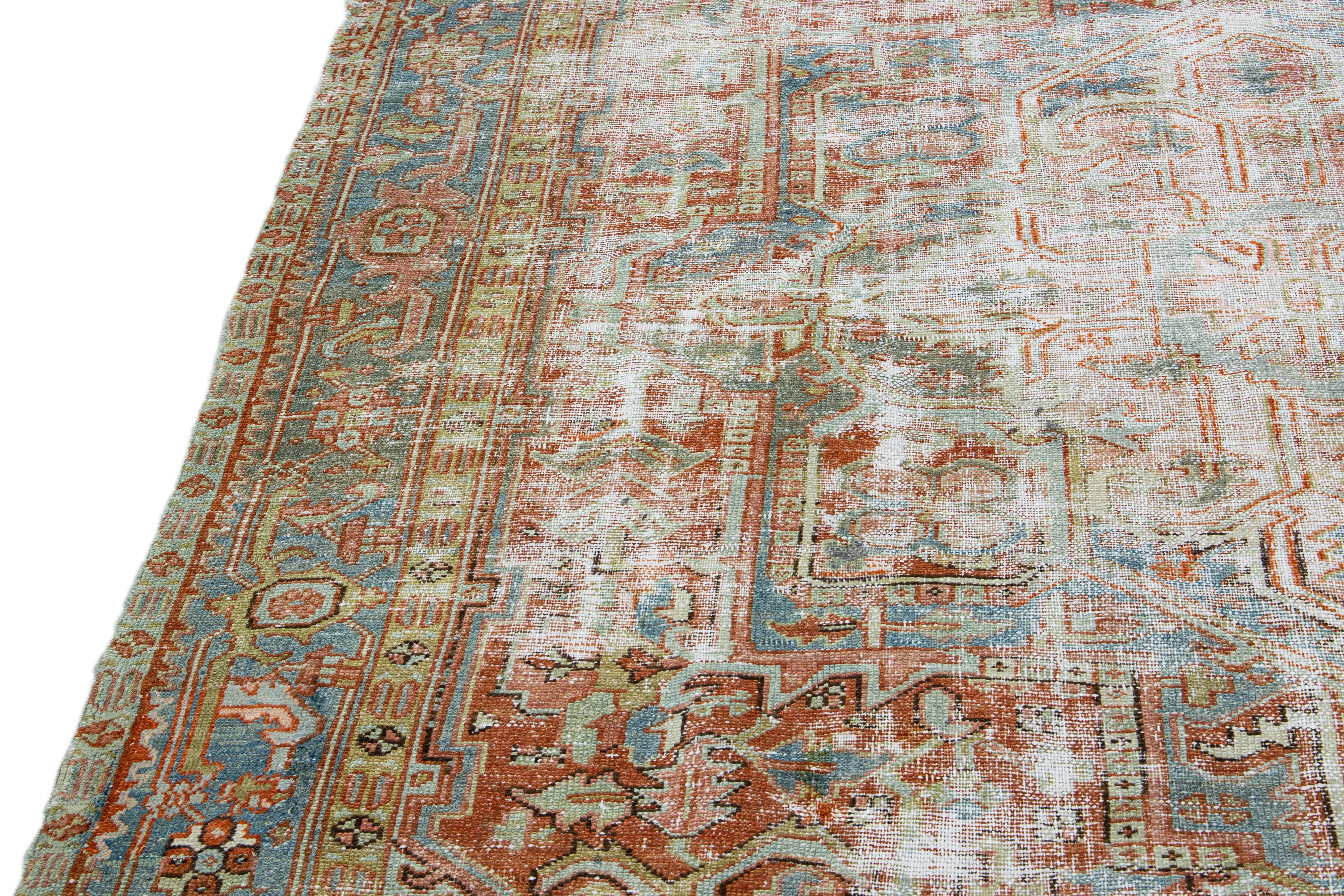 Hand-Knotted Antique Shabby Chic Persian Heriz Handmade Rusted Wool Rug For Sale