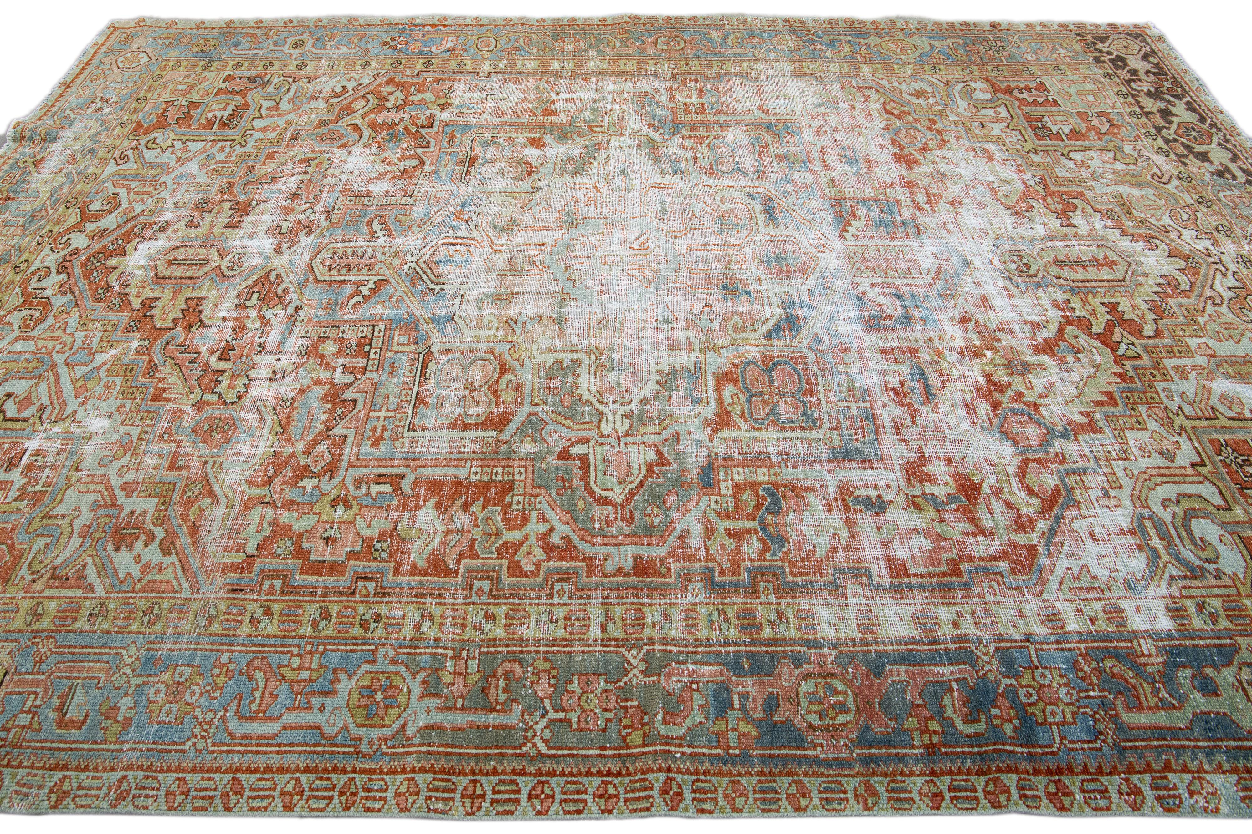 Antique Shabby Chic Persian Heriz Handmade Rusted Wool Rug In Distressed Condition For Sale In Norwalk, CT