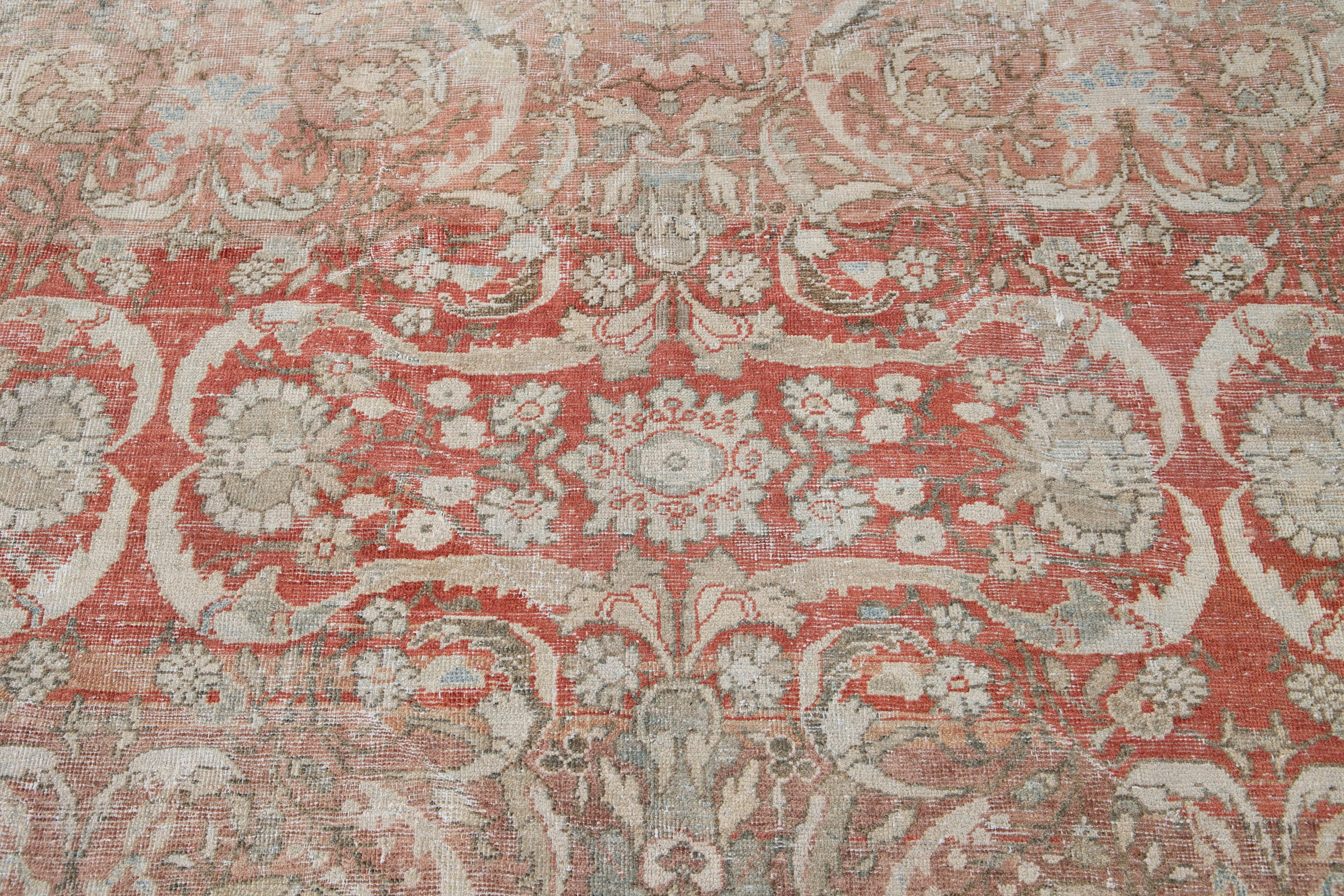 Early 20th Century Antique Shabby Chic Red Mahal Wool Rug For Sale