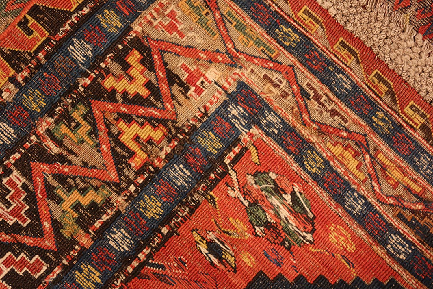 Antique Shabby Chic Tribal Caucasian Soumak, Country of Origin / Rug Type: Caucasian Rugs, Circa date: 1860. Size: 7 ft 4 in x 10 ft 3 in (2.24 m x 3.12 m)

The true beauty of this 19th century antique shabby chic Caucasian Soumak rug lies in the