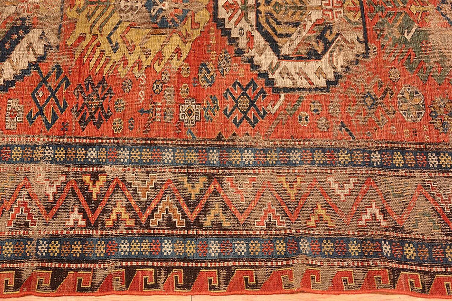 Wool Antique Shabby Chic Tribal Caucasian Soumak. Size: 7 ft 4 in x 10 ft 3 in