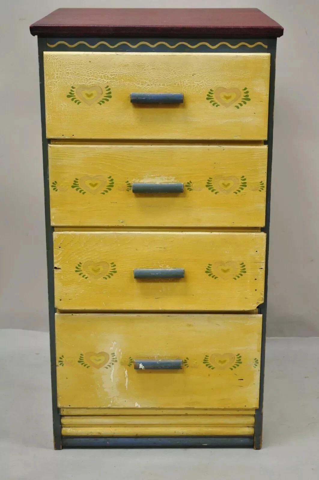 Antique Shabby Chic Yellow Green Distress Painted 4 Drawer Dresser Nightstand For Sale 5