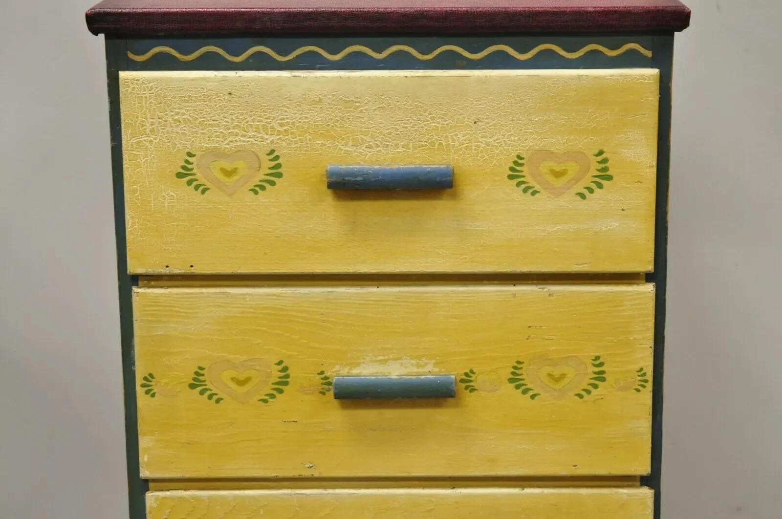Other Antique Shabby Chic Yellow Green Distress Painted 4 Drawer Dresser Nightstand For Sale