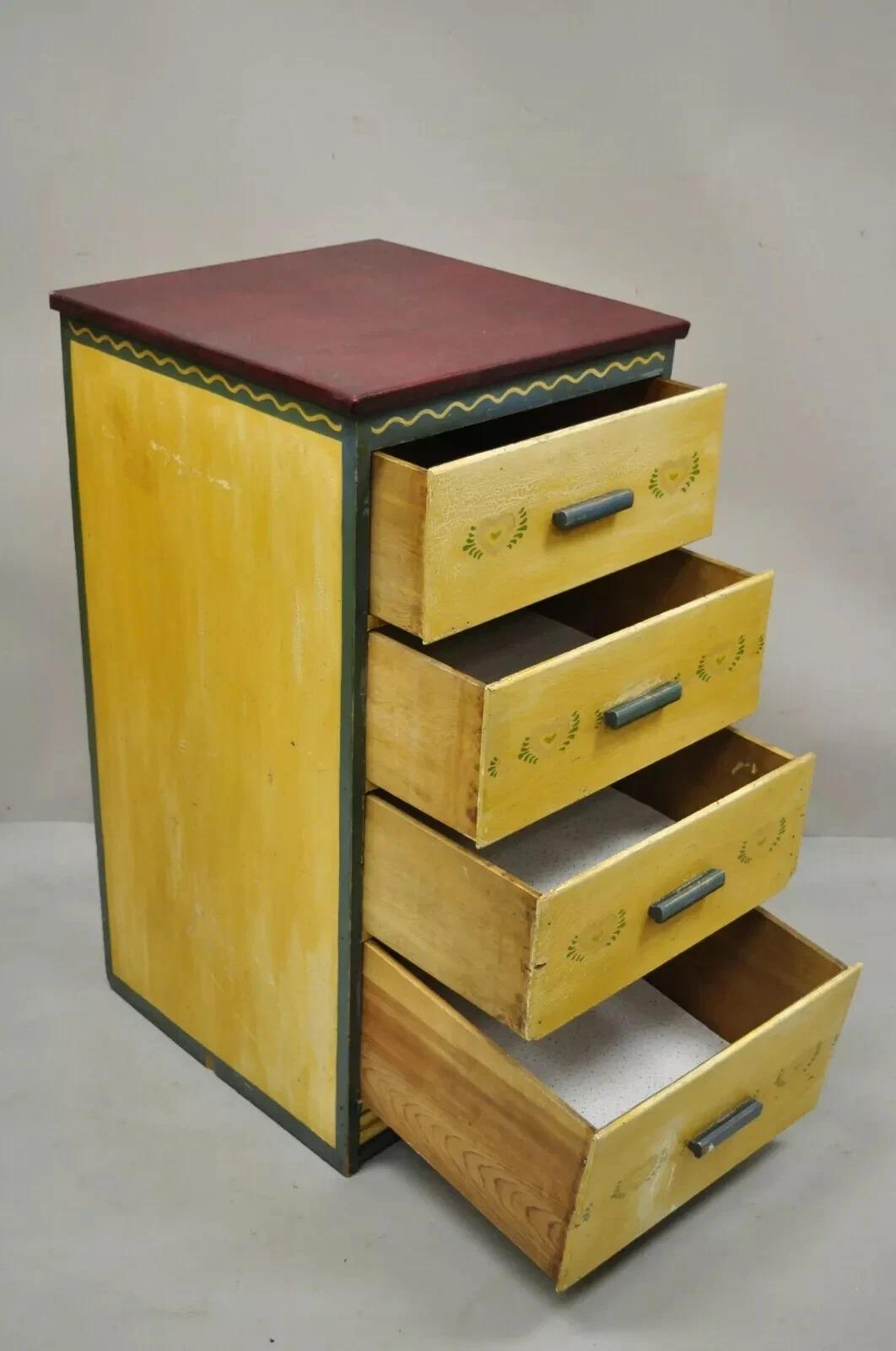 20th Century Antique Shabby Chic Yellow Green Distress Painted 4 Drawer Dresser Nightstand For Sale