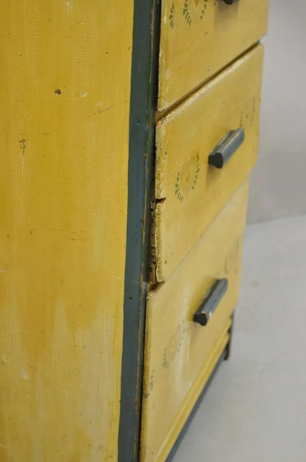 Wood Antique Shabby Chic Yellow Green Distress Painted 4 Drawer Dresser Nightstand For Sale