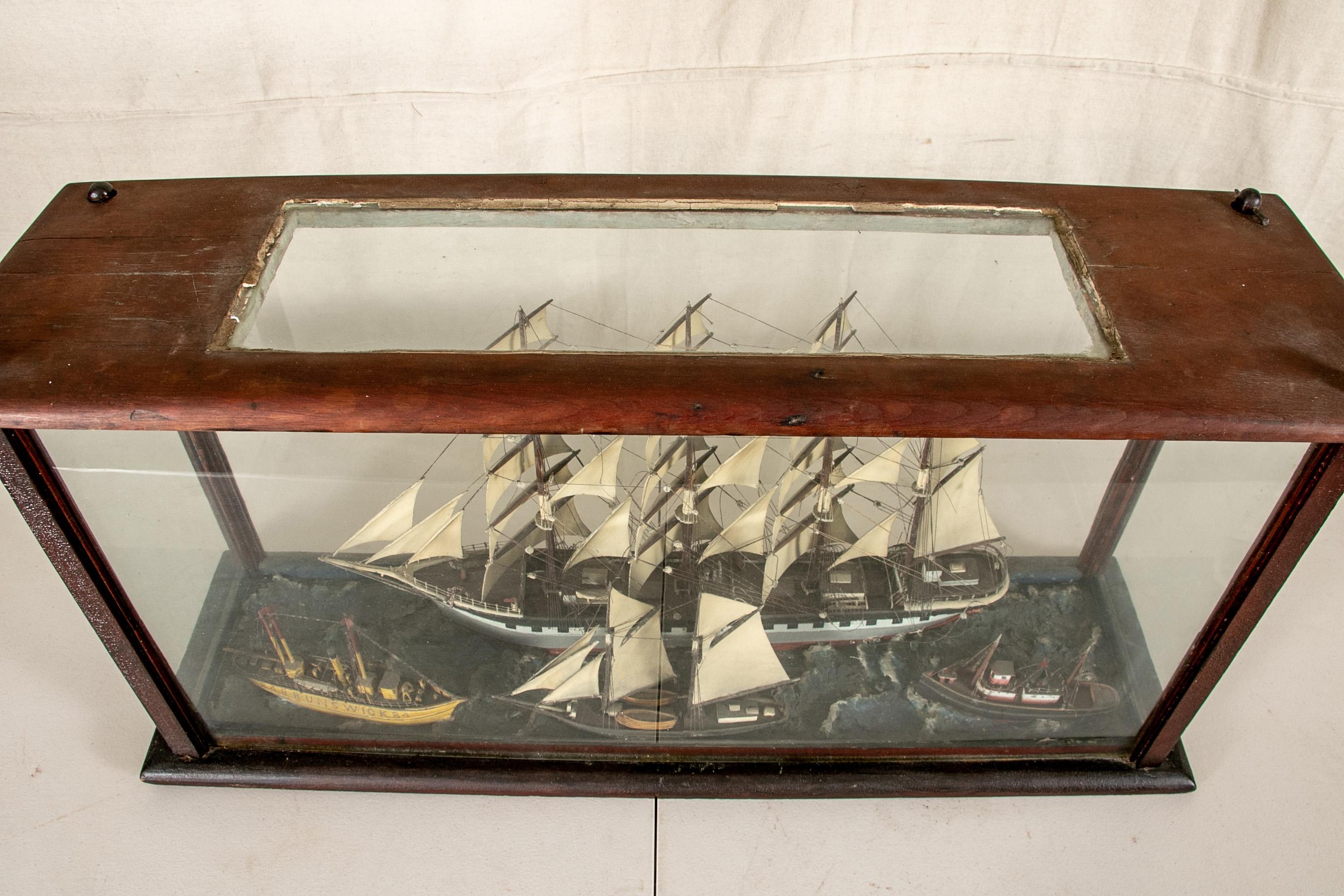 Antique Shadowbox Diorama of Ship Models For Sale 1