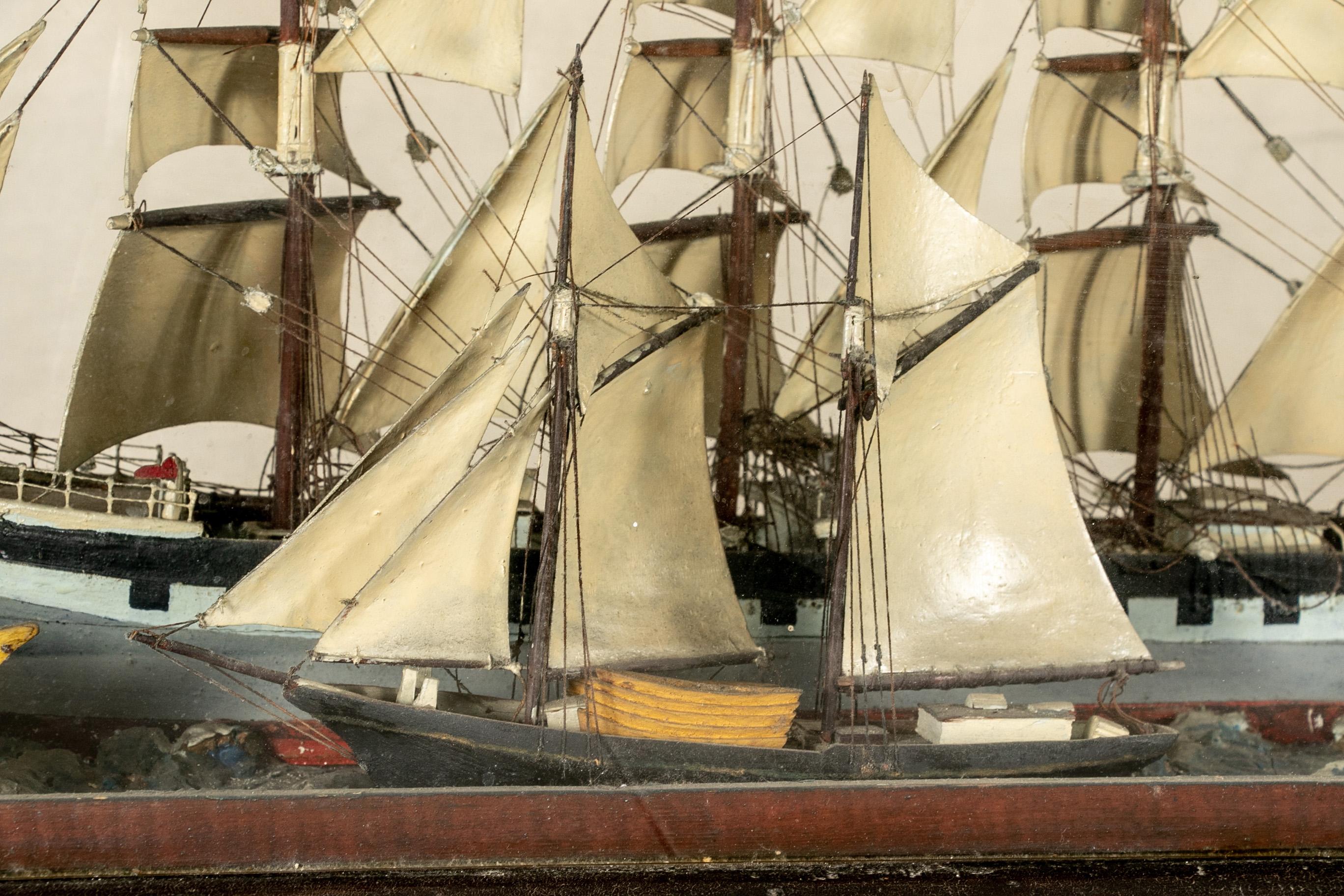 Antique Shadowbox Diorama of Ship Models For Sale 8