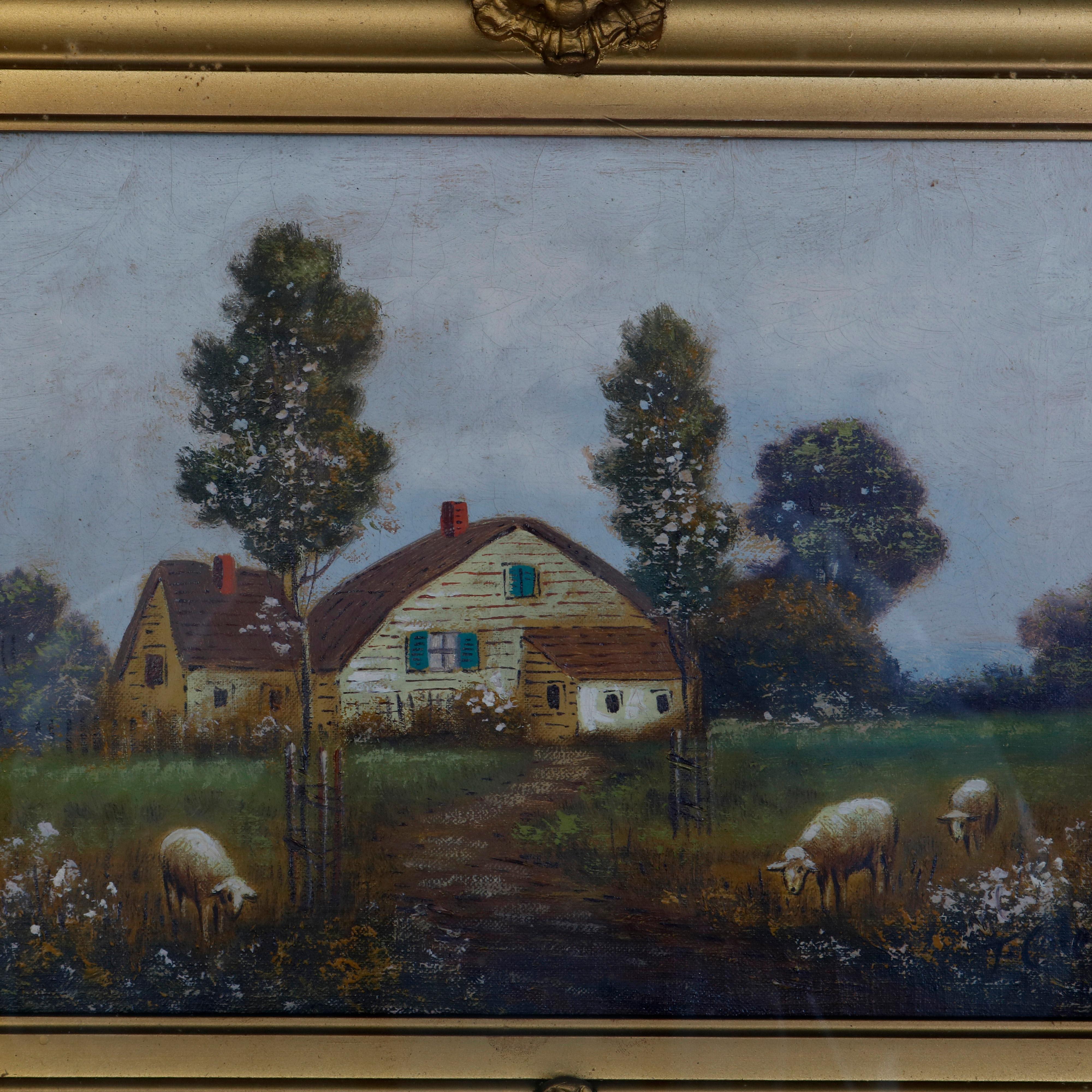 An antique oil on canvas landscape painting depicts farm in countryside setting with sheep, seated in giltwood shadowbox, circa 1900

***DELIVERY NOTICE – Due to COVID-19 we are employing NO-CONTACT PRACTICES in the transfer of purchased items. 