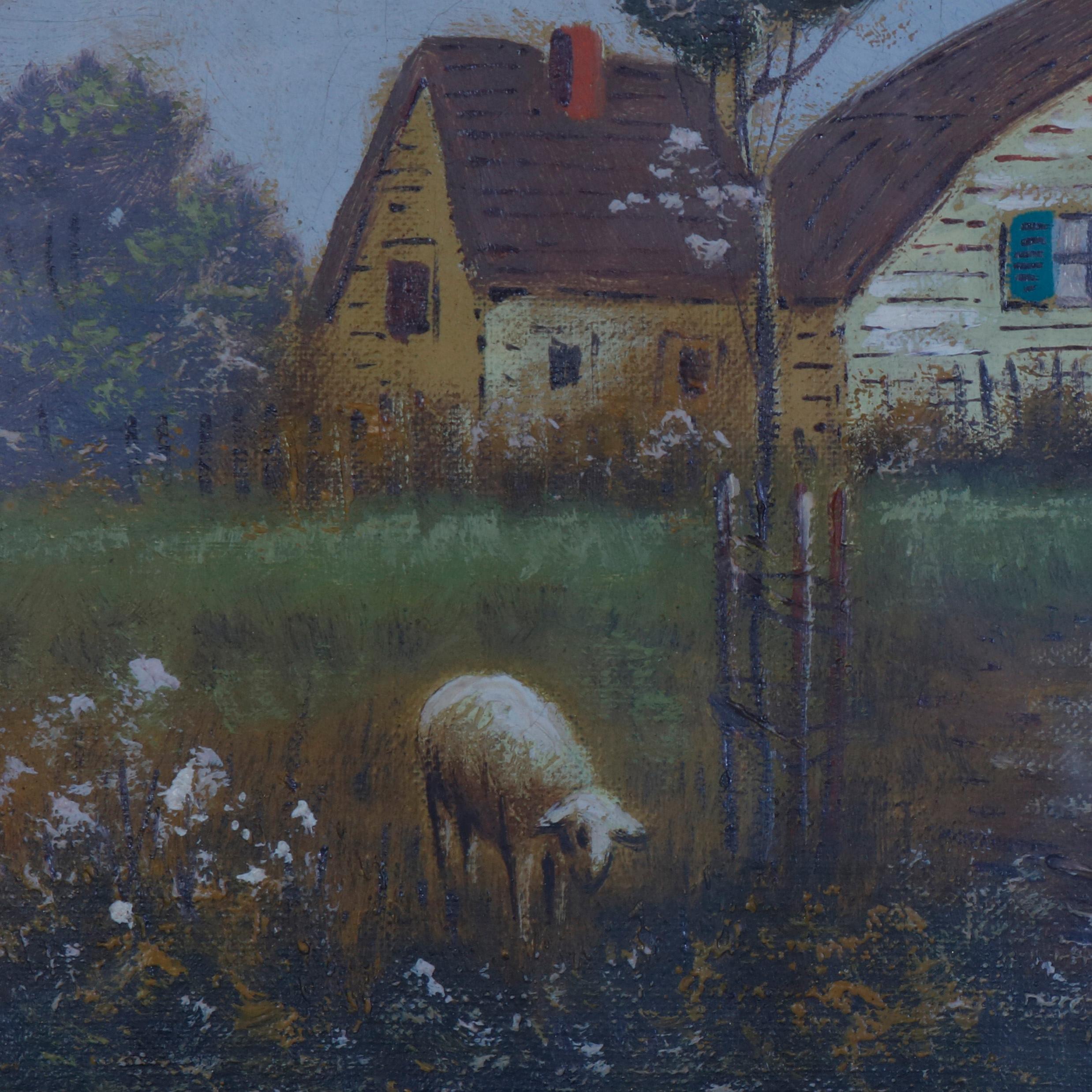 Hand-Painted Antique Shadowbox Folk Art Oil on Canvas Landscape Painting, Farm and Sheep