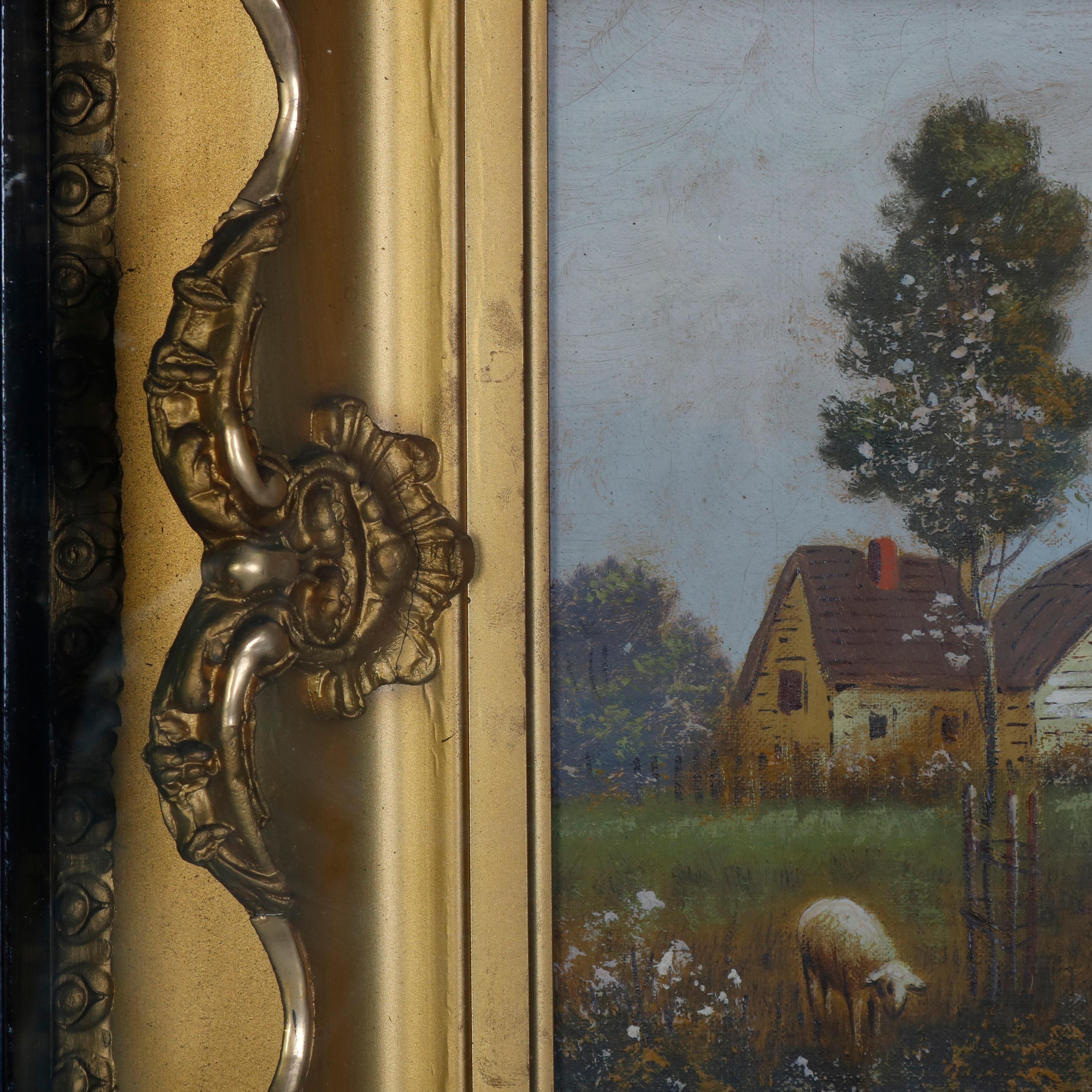 20th Century Antique Shadowbox Folk Art Oil on Canvas Landscape Painting, Farm and Sheep