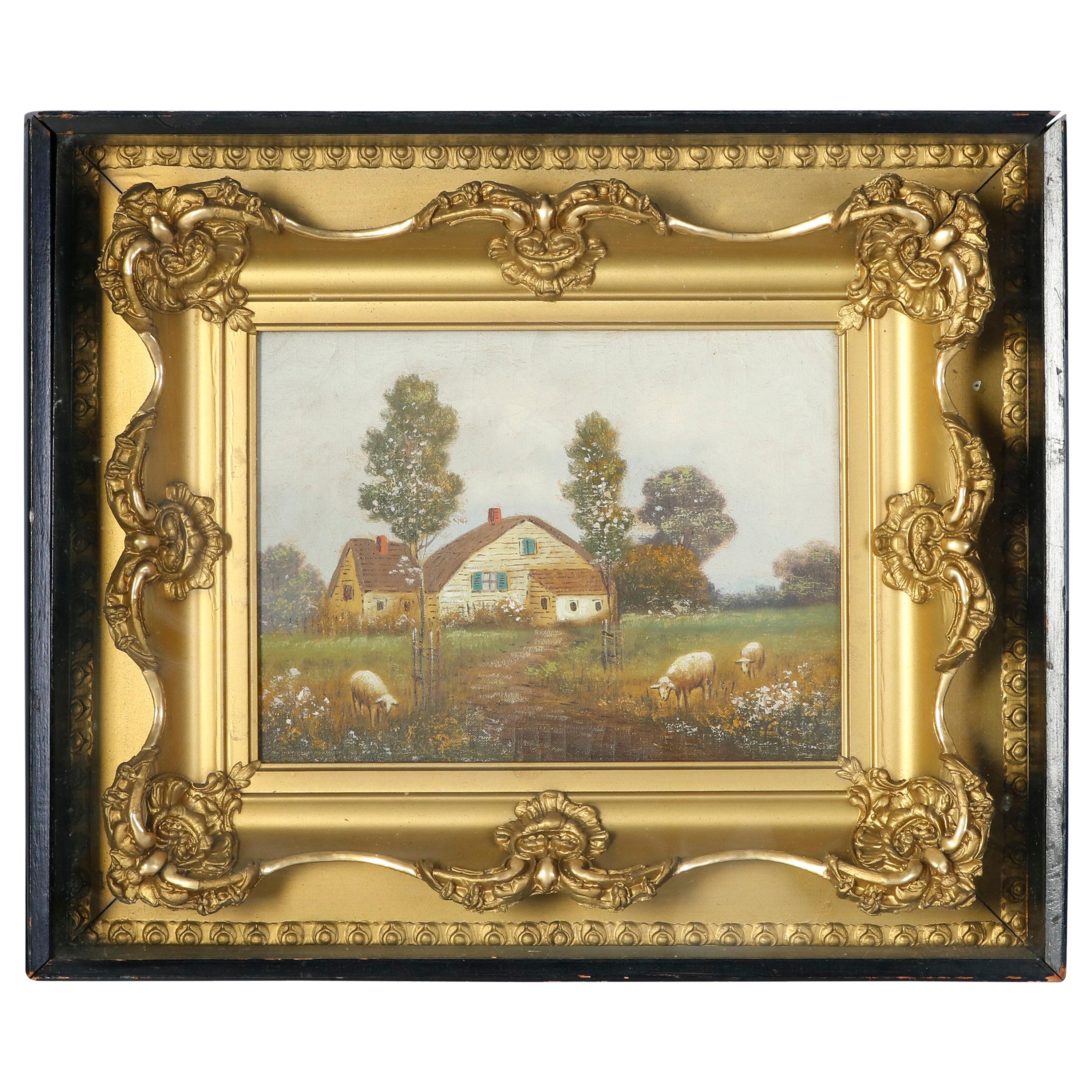 Antique Shadowbox Folk Art Oil on Canvas Landscape Painting, Farm and Sheep