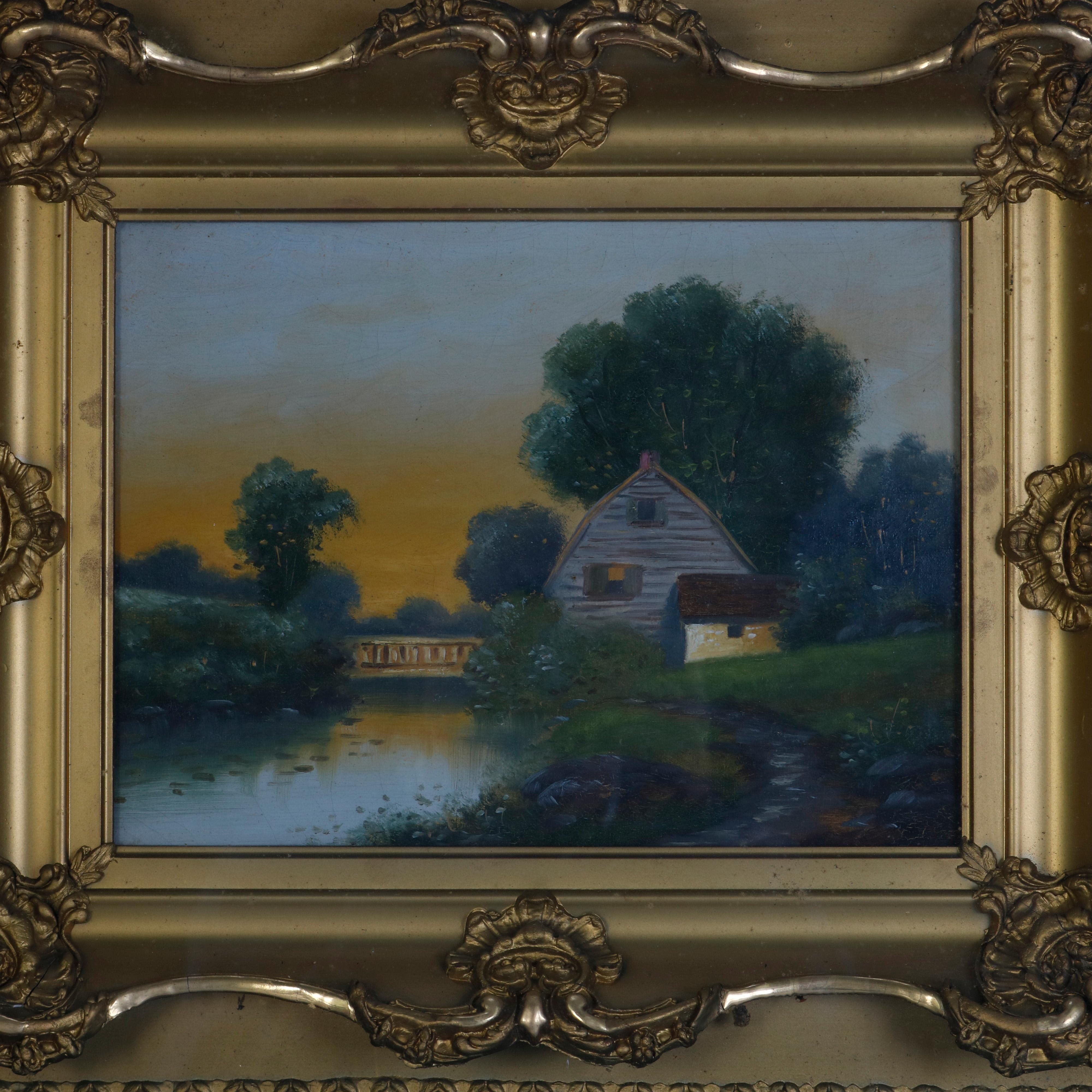 An antique oil on canvas landscape painting depicts farmhouse in countryside setting with creek and bridge, seated in giltwood shadowbox, circa 1900

***DELIVERY NOTICE – Due to COVID-19 we are employing NO-CONTACT PRACTICES in the transfer of