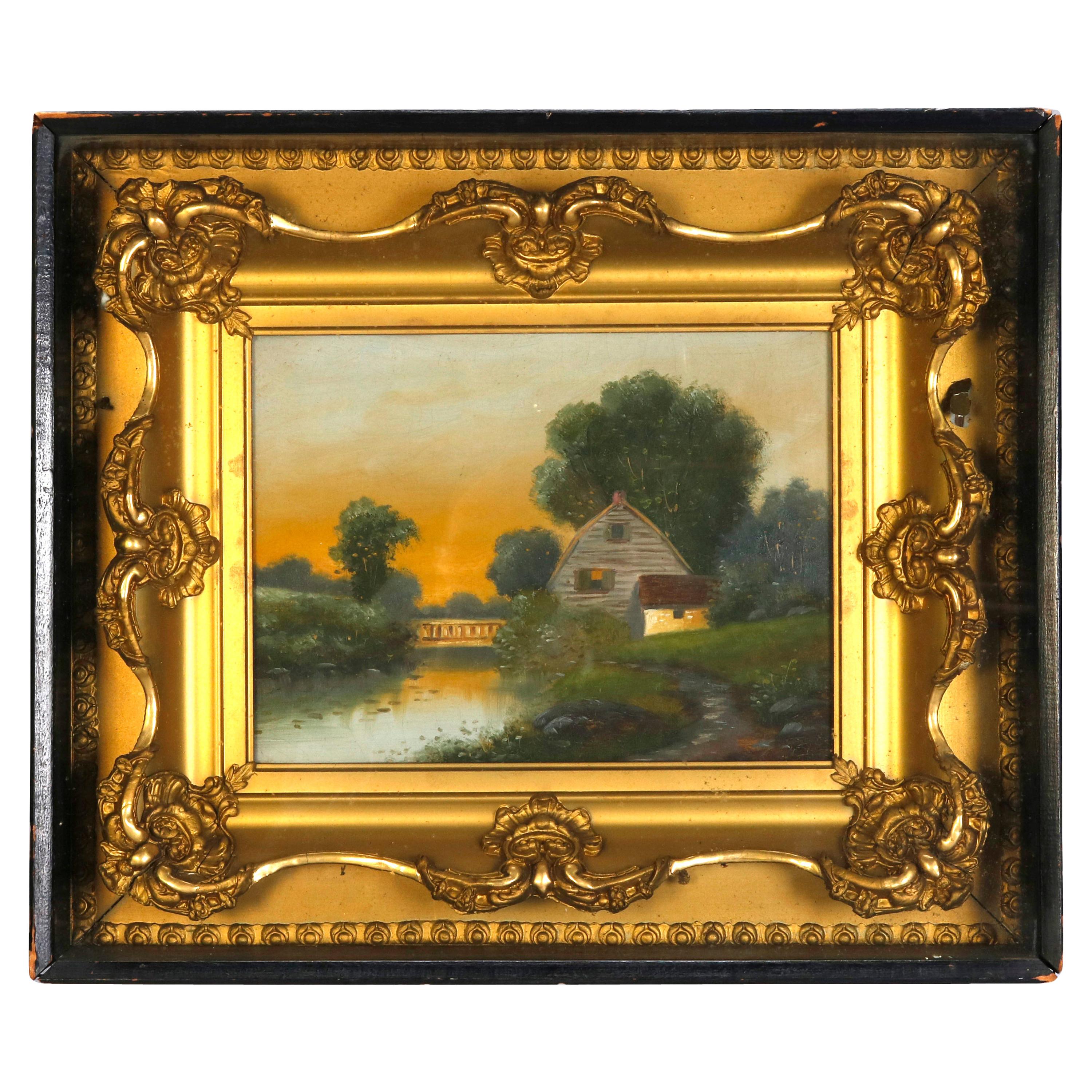 Antique Shadowbox Folk Art Oil on Canvas Landscape Painting with Farmhouse