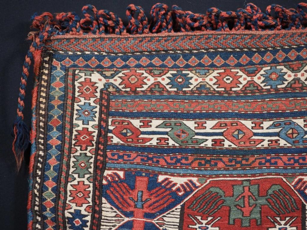 Antique Shahsavan saddle bag in soumak technique with plain weave back
Circa 1880

An outstanding soumak bag in a classic Shahsavan design, superb natural dyes throughout

The bag is in excellent original condition with very slight wear and no