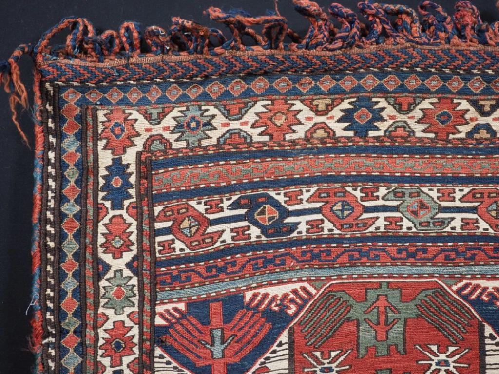 Antique Shahsavan saddle bag in soumak technique with plain weave back
Circa 1880

An outstanding soumak bag in a classic Shahsavan design, superb natural dyes throughout

The bag is in excellent original condition with very slight wear and no