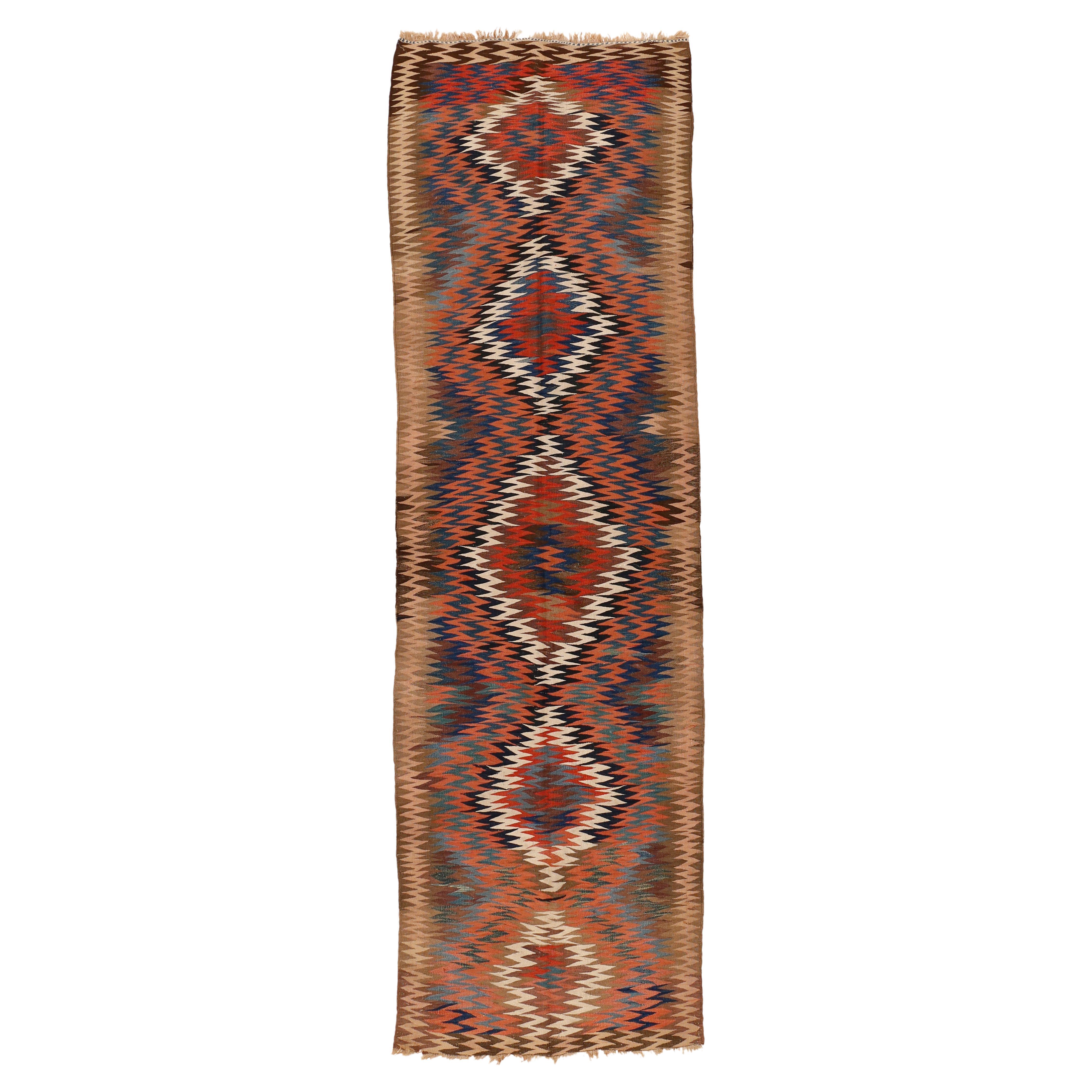 Antique Shahsavan Tribal Kilim Runner Rug with Eye-Dazzler Design