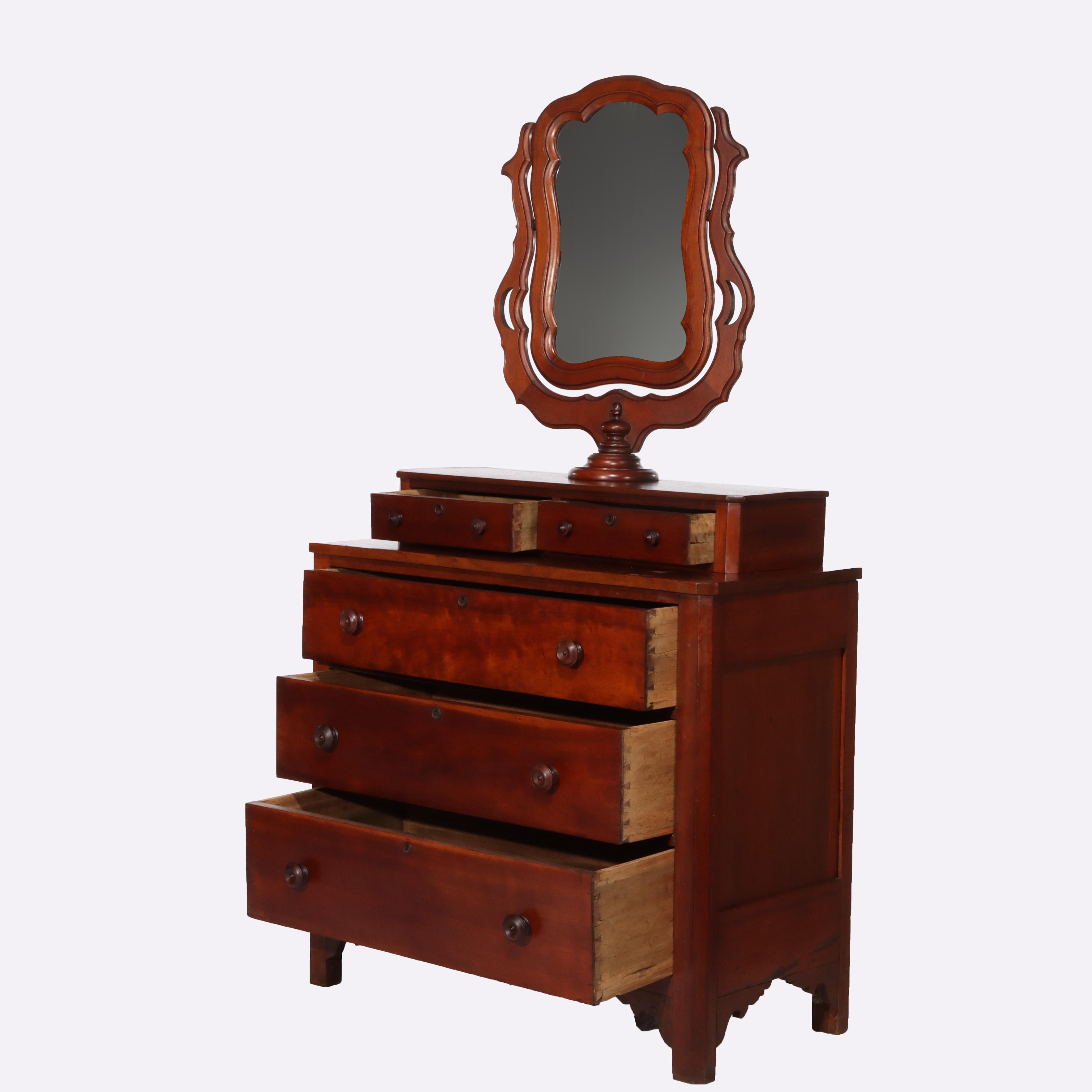 Antique Shaker School Cherry 5-Drawer Chest With Mirror C1890 For Sale 2