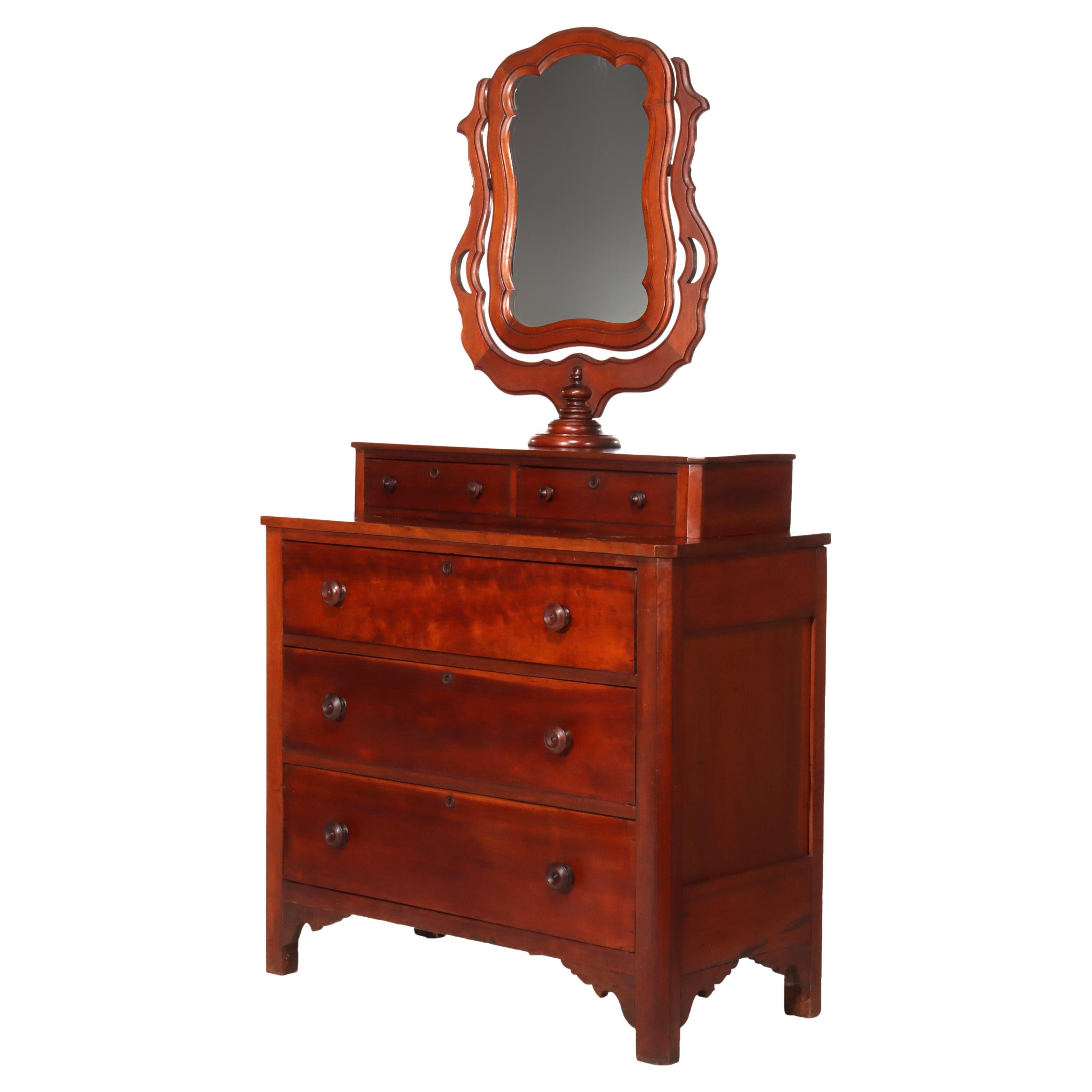 Antique Shaker School Cherry 5-Drawer Chest With Mirror C1890 For Sale