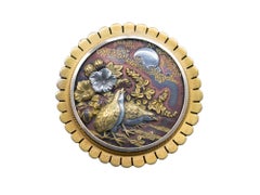 Antique Shakudō Brooch – Birds, Blossoms & Moonlit Scene