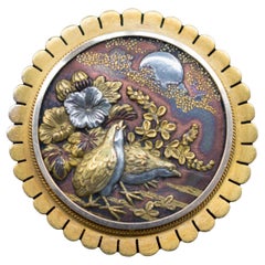 Antique Shakudō Brooch – Birds, Blossoms & Moonlit Scene
