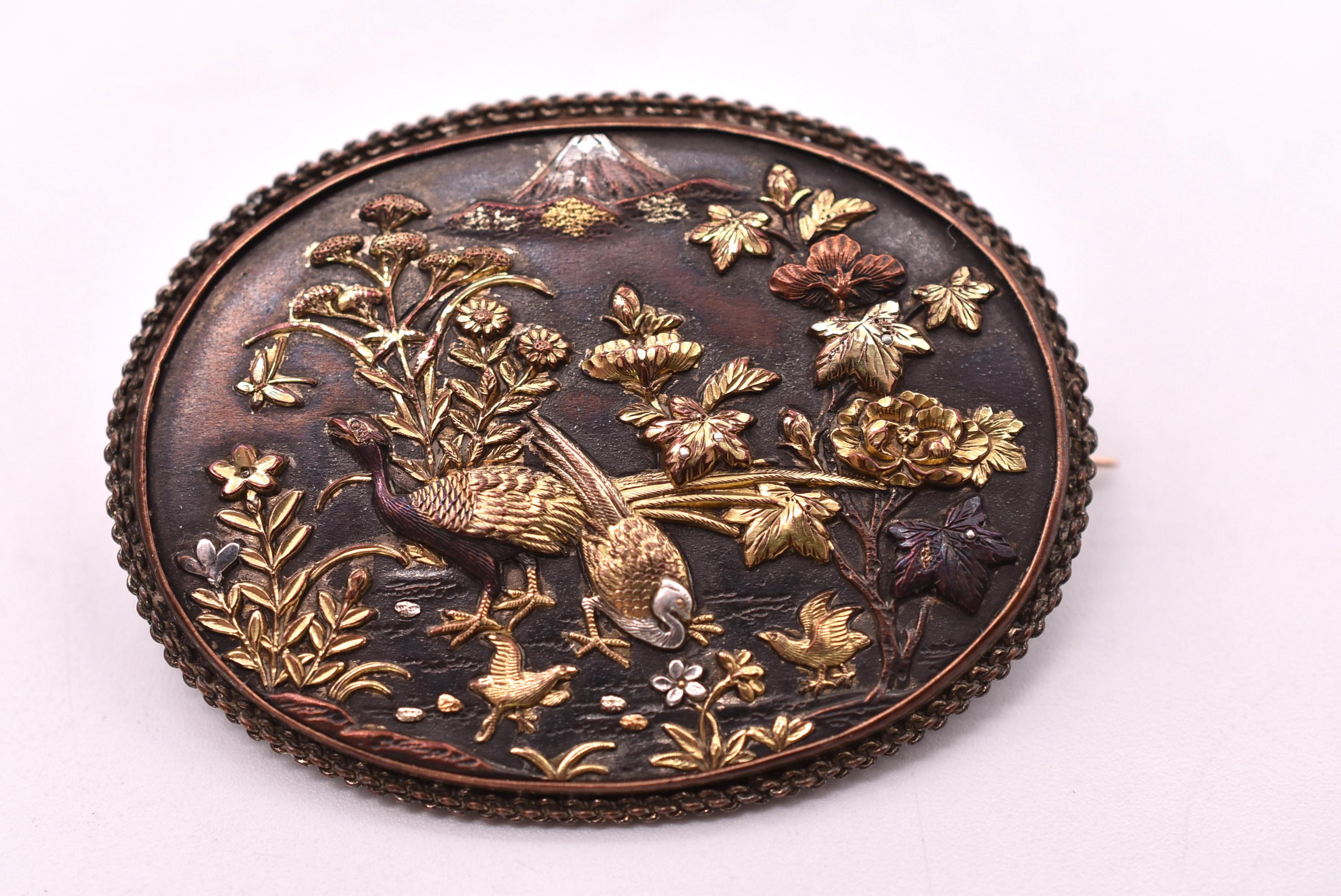 Aesthetic Movement Antique Shakudo Brooch with Image of Mount Fugi, circa 1880