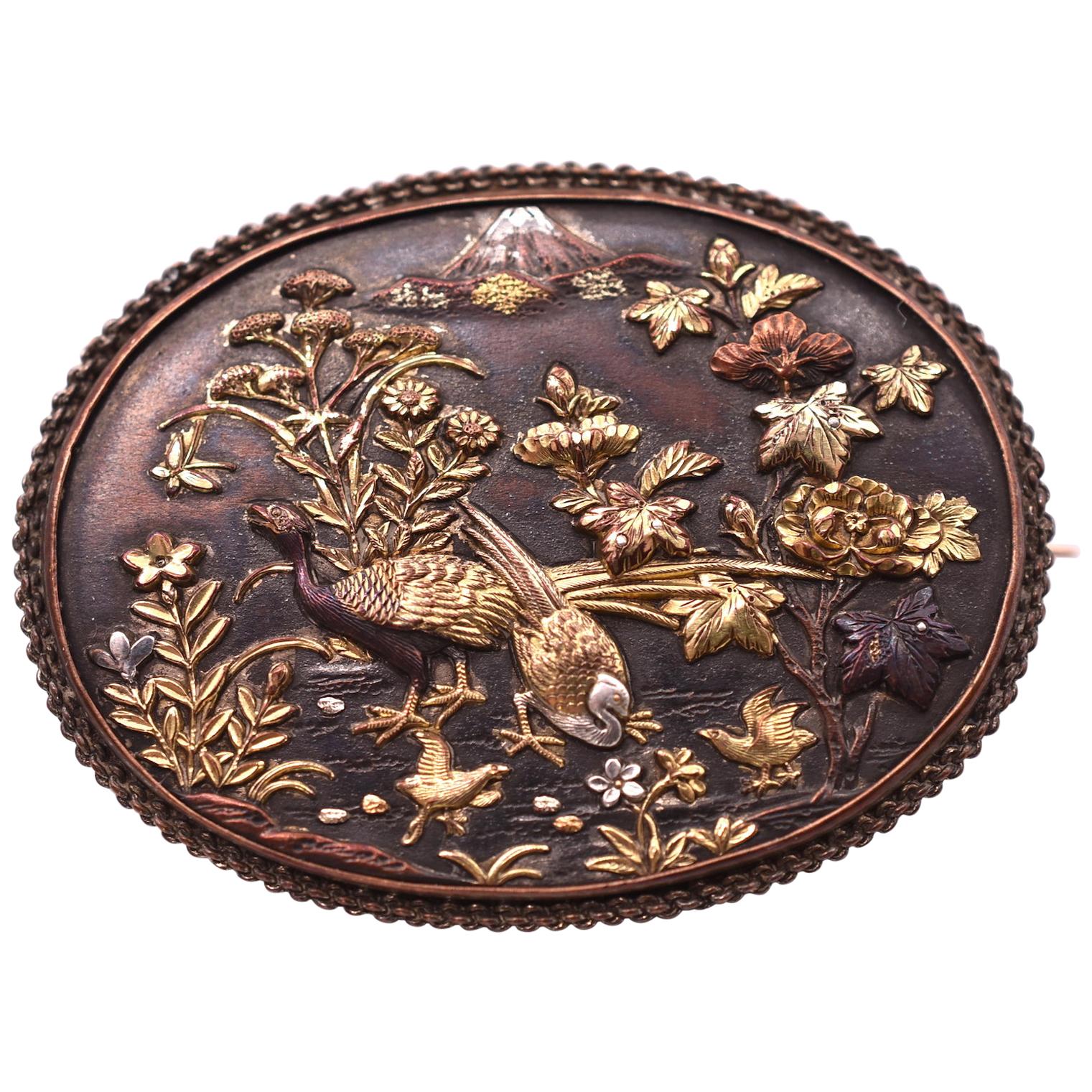 Antique Shakudo Brooch with Image of Mount Fugi, circa 1880