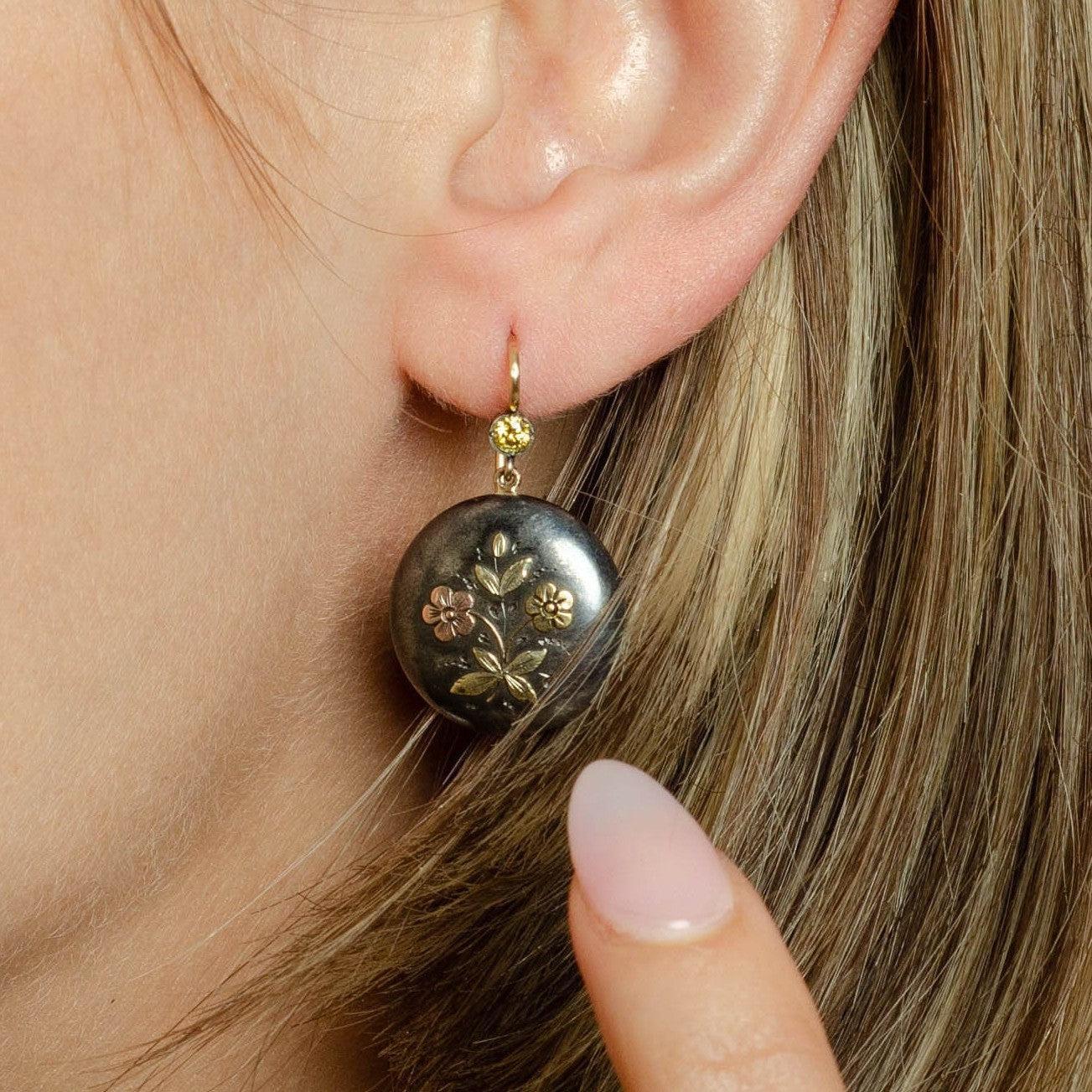 Round Cut Antique Shakudo Earrings with Diamonds and 14k Ear Wires