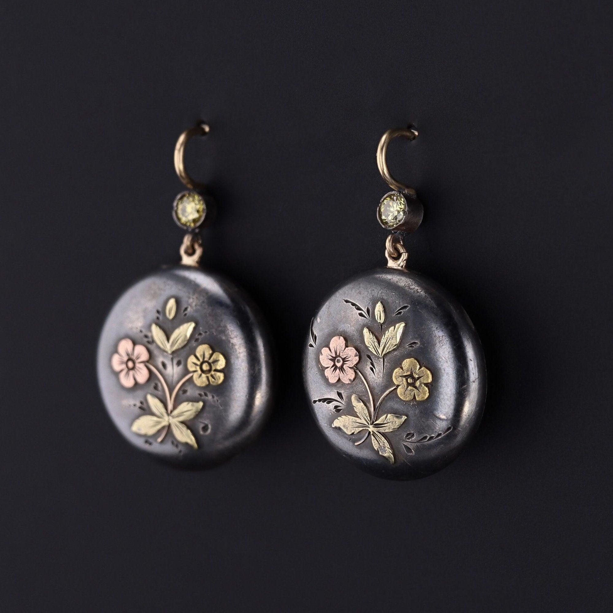 Antique Shakudo Earrings with Diamonds and 14k Ear Wires In Good Condition In Lewisburg, PA