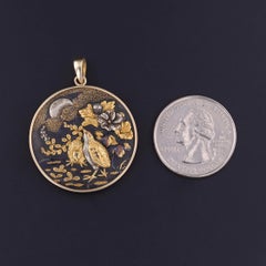 Antique Shakudo Quail Bird Pendant of 14k Gold