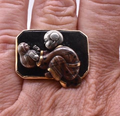Antique Shakudo Ring of Mother Playing with Baby