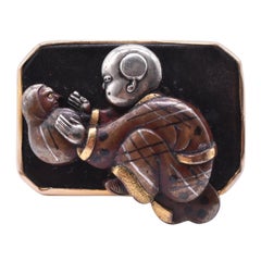 Antique Shakudo Ring of Mother Playing with Baby