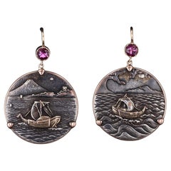 Antique Shakudo with Pink Tourmaline Earrings of 14k Gold