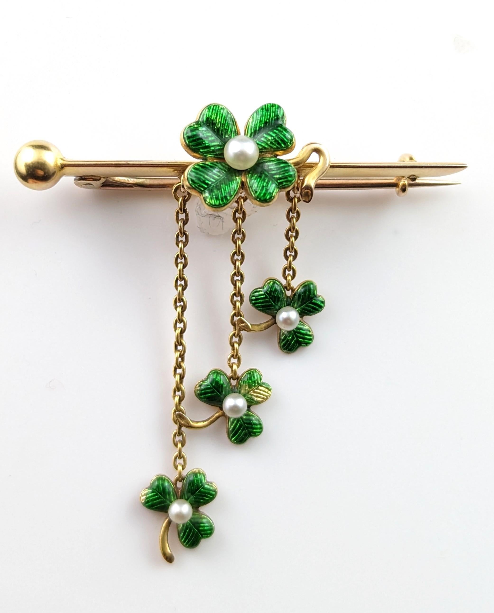 Antique Shamrock brooch, 15k gold, Guilloche enamel and seed pearl 4