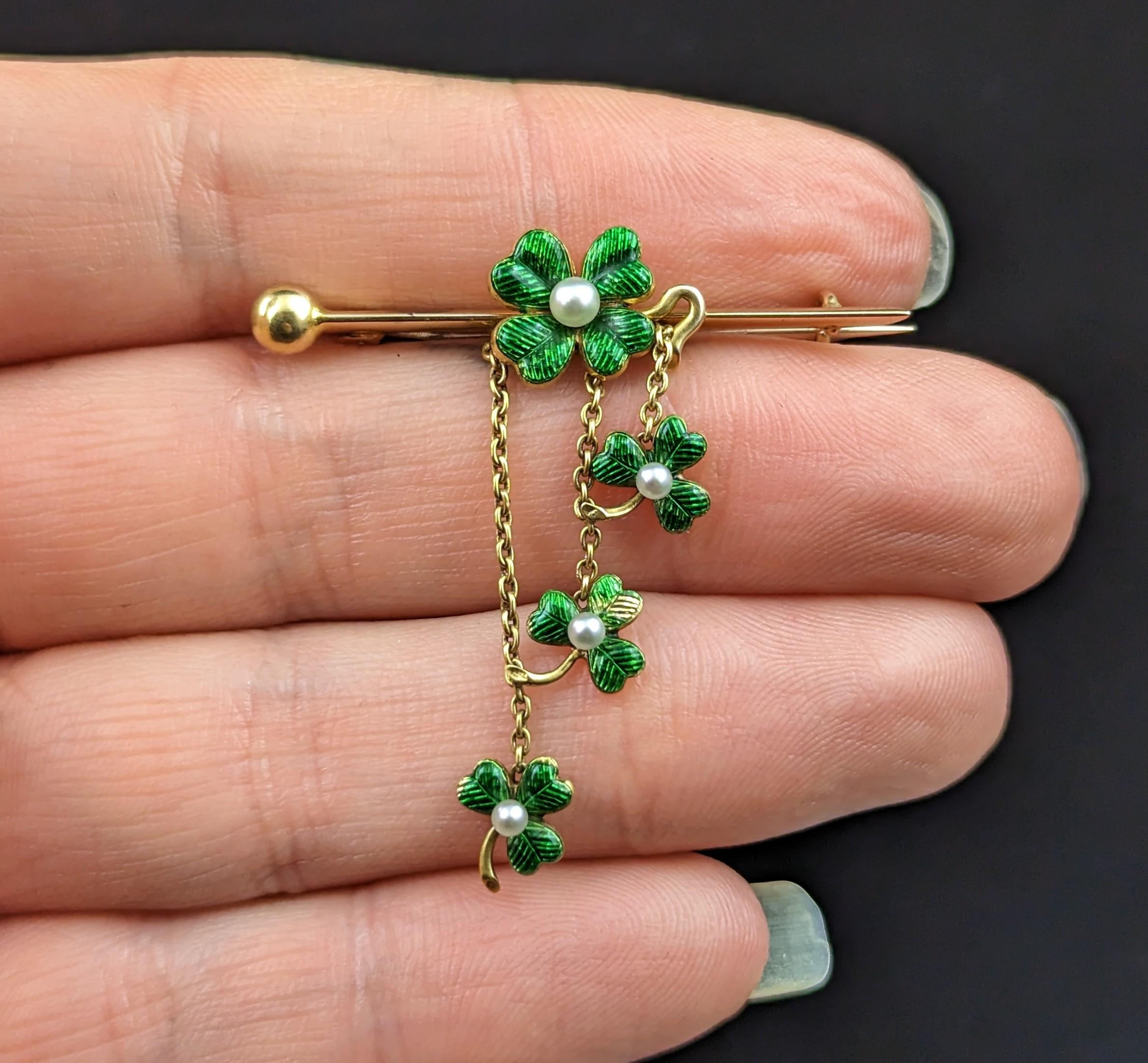 Victorian Antique Shamrock brooch, 15k gold, Guilloche enamel and seed pearl