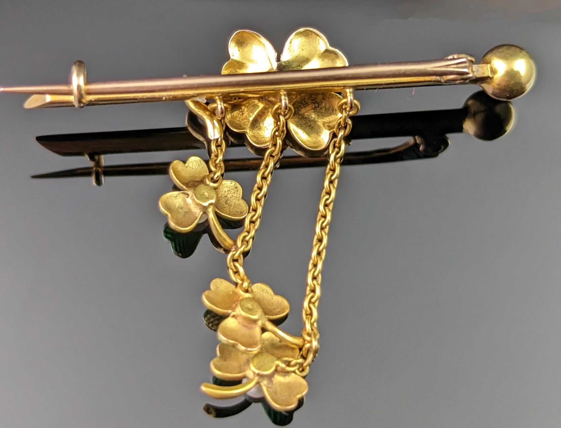 Uncut Antique Shamrock brooch, 15k gold, Guilloche enamel and seed pearl