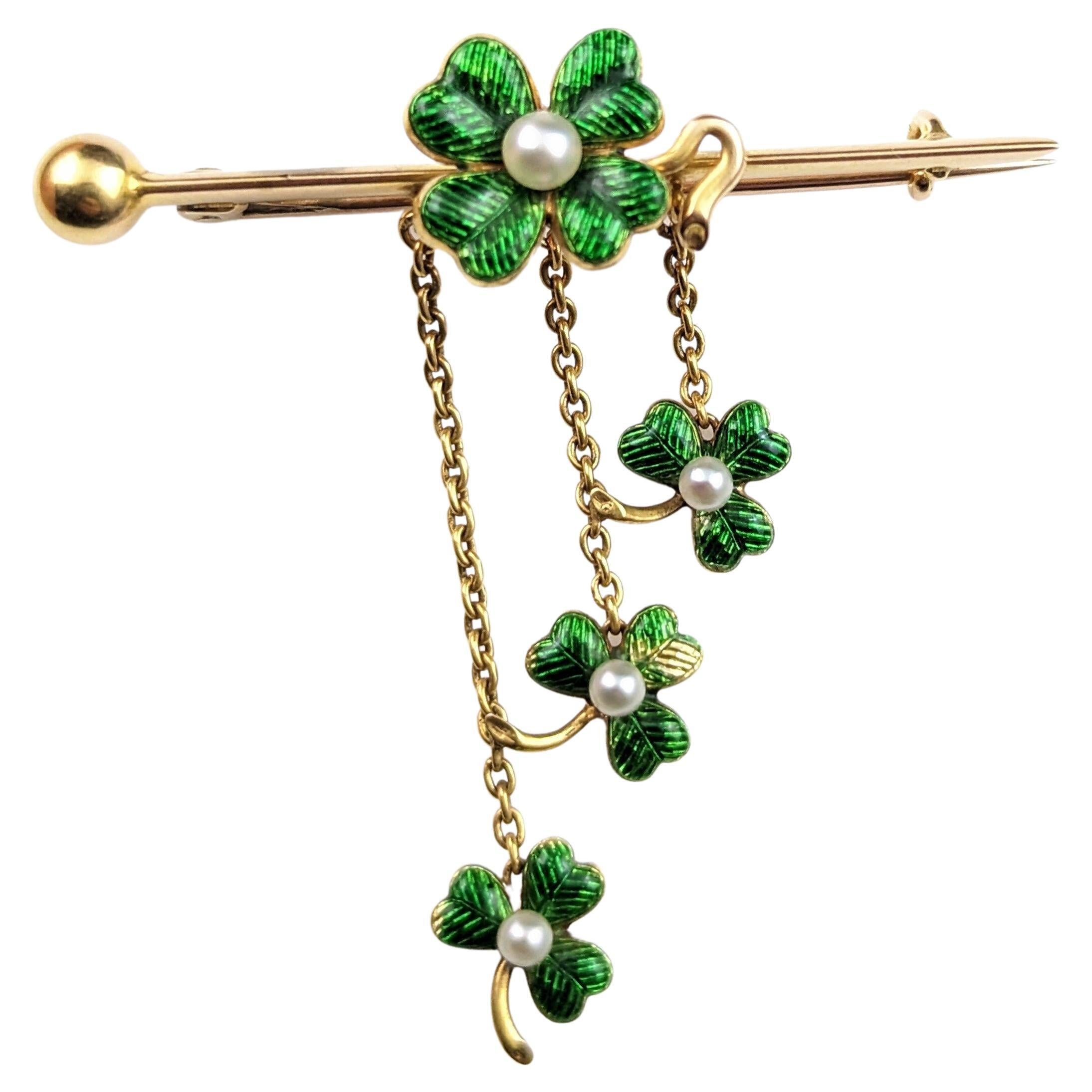 Antique Shamrock brooch, 15k gold, Guilloche enamel and seed pearl